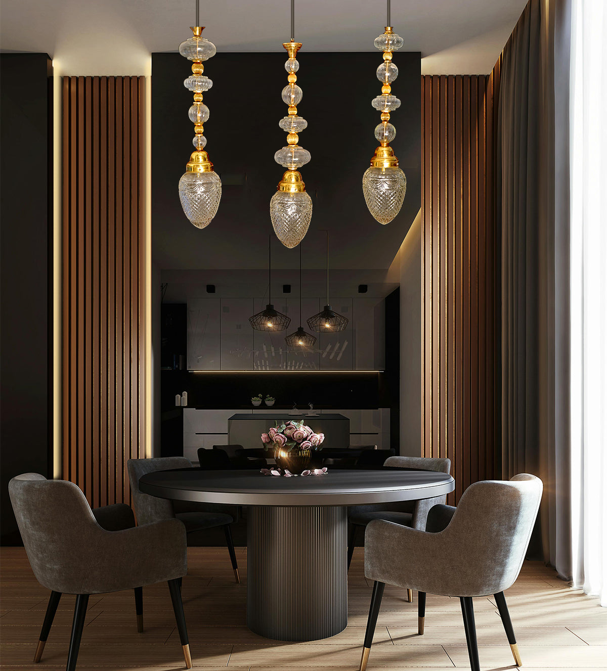 Imperial Brass Crystal Pendant Light with intricate brass accents and shimmering crystal globes, creating a luxurious, warm ambiance ideal for high-ceiling spaces.