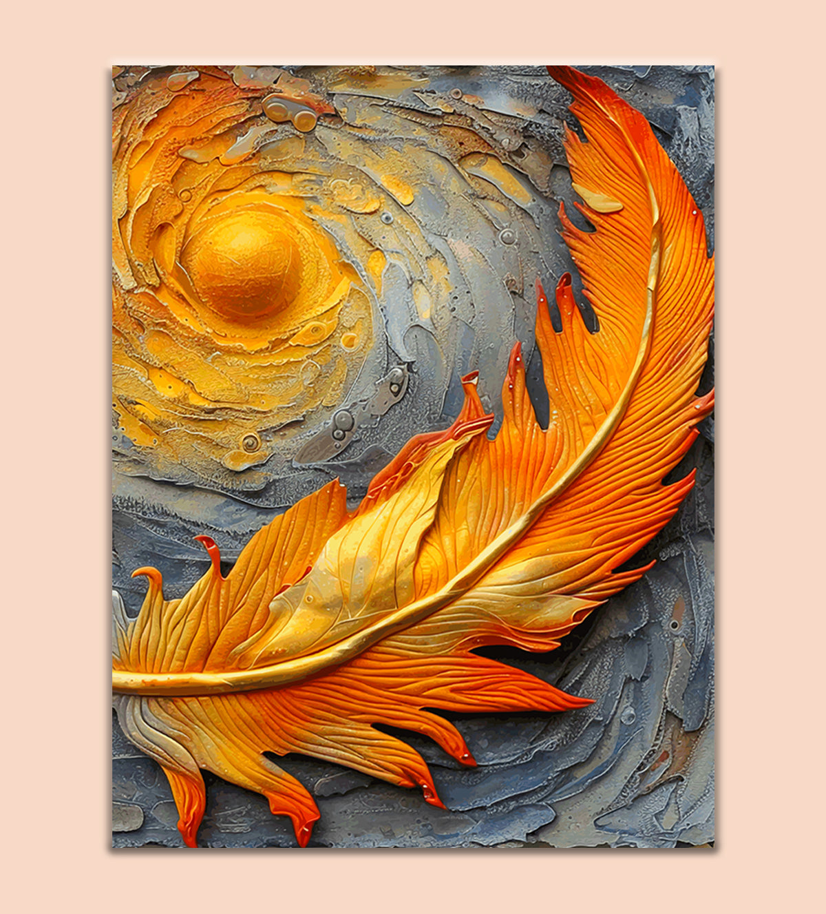 Golden Feather on Brick Wall Painting with sun - Aartaa decor
