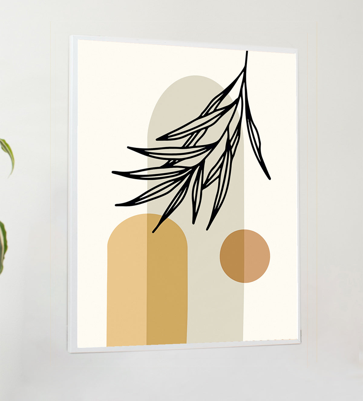 Harmony in Boho is a gorgeous piece of art that elegantly combines contemporary geometric patterns with earthy organic shapes to elevate any space. With its calming, smooth white background and overlapping organic shapes in warm, neutral tones, this alluring abstract artwork exudes calmness in any area. A strong focal point is created by a bright orange circle, and the composition is enhanced by the graceful silhouette of a palm leaf, which gives a touch of natural beauty - Aartaa decor