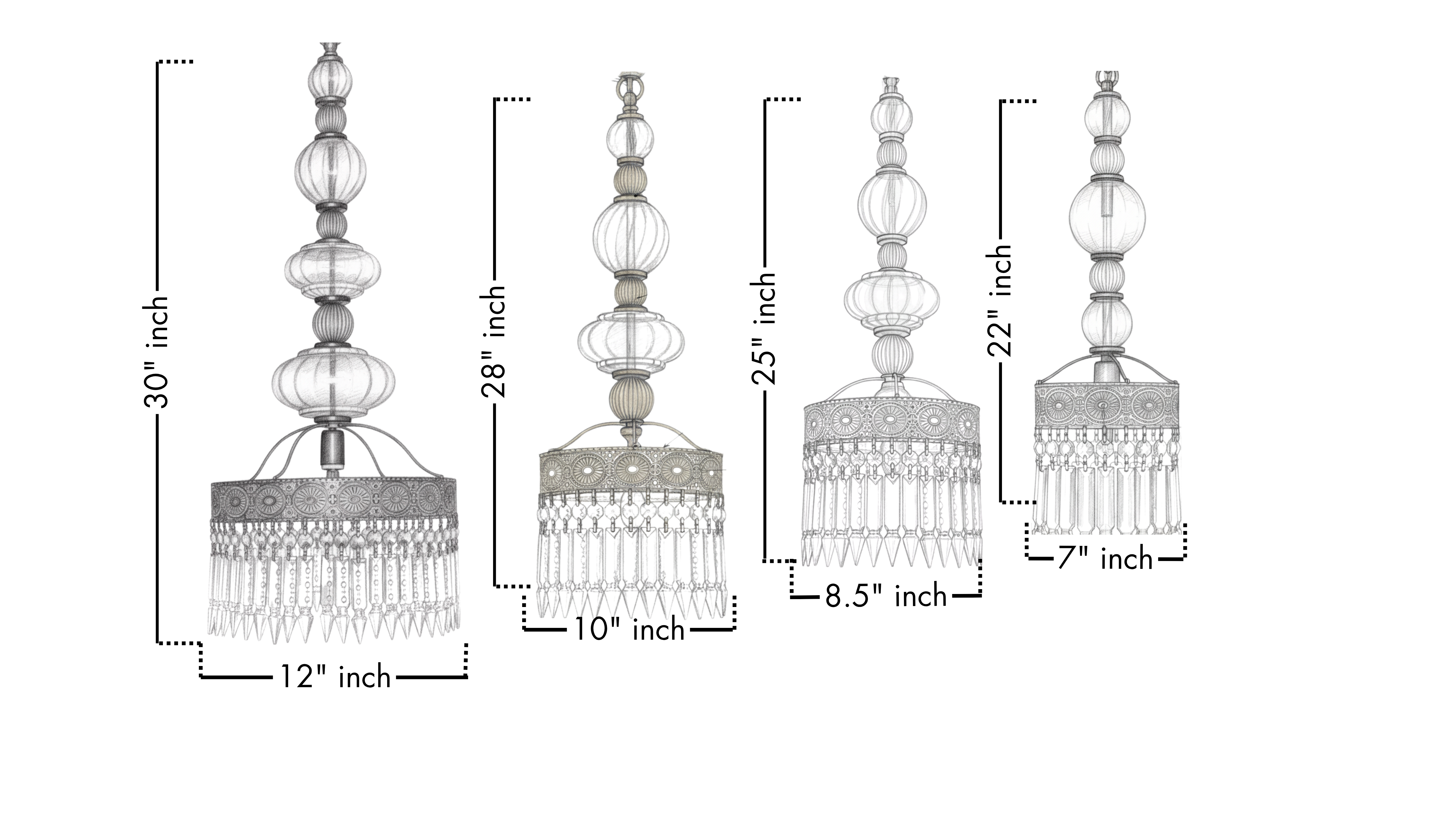 Measurement chart of decorative chandelier components on a white background