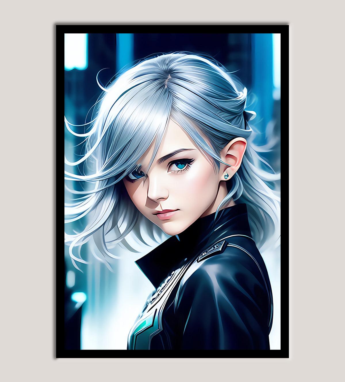 Supernova Heroine: Fierce and Fearless, a stunning painting of a bold, silver-haired heroine with futuristic flair. Perfect for modern, edgy interiors, this art piece is available in multiple sizes and framing options. Click to shop now and add a touch of power and elegance to your room!