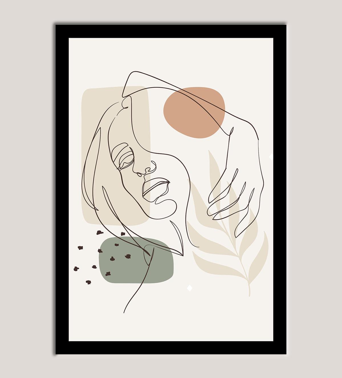 Minimalist line art of a woman’s face with abstract earthy shapes, in a calming and introspective pose, displayed in a framed artwork against a softly lit background.