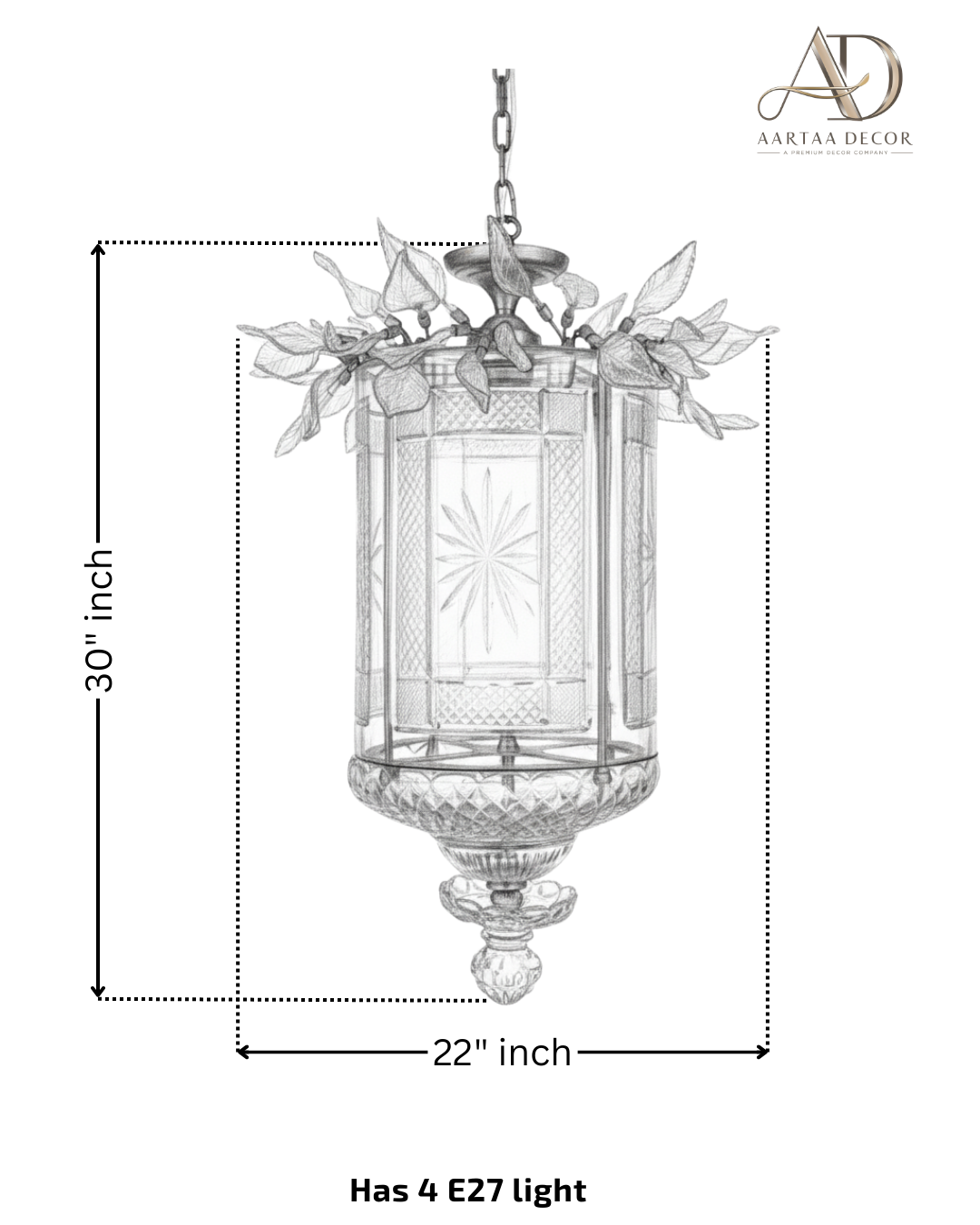 Decorative hanging lantern with dimensions and Aartaa Decor branding The Aaranya Noor Heritage Pendant Light is a celebration of refined Indian craftsmanship, designed and handcrafted entirely in-house by Aartaa Decor’s master artisans.