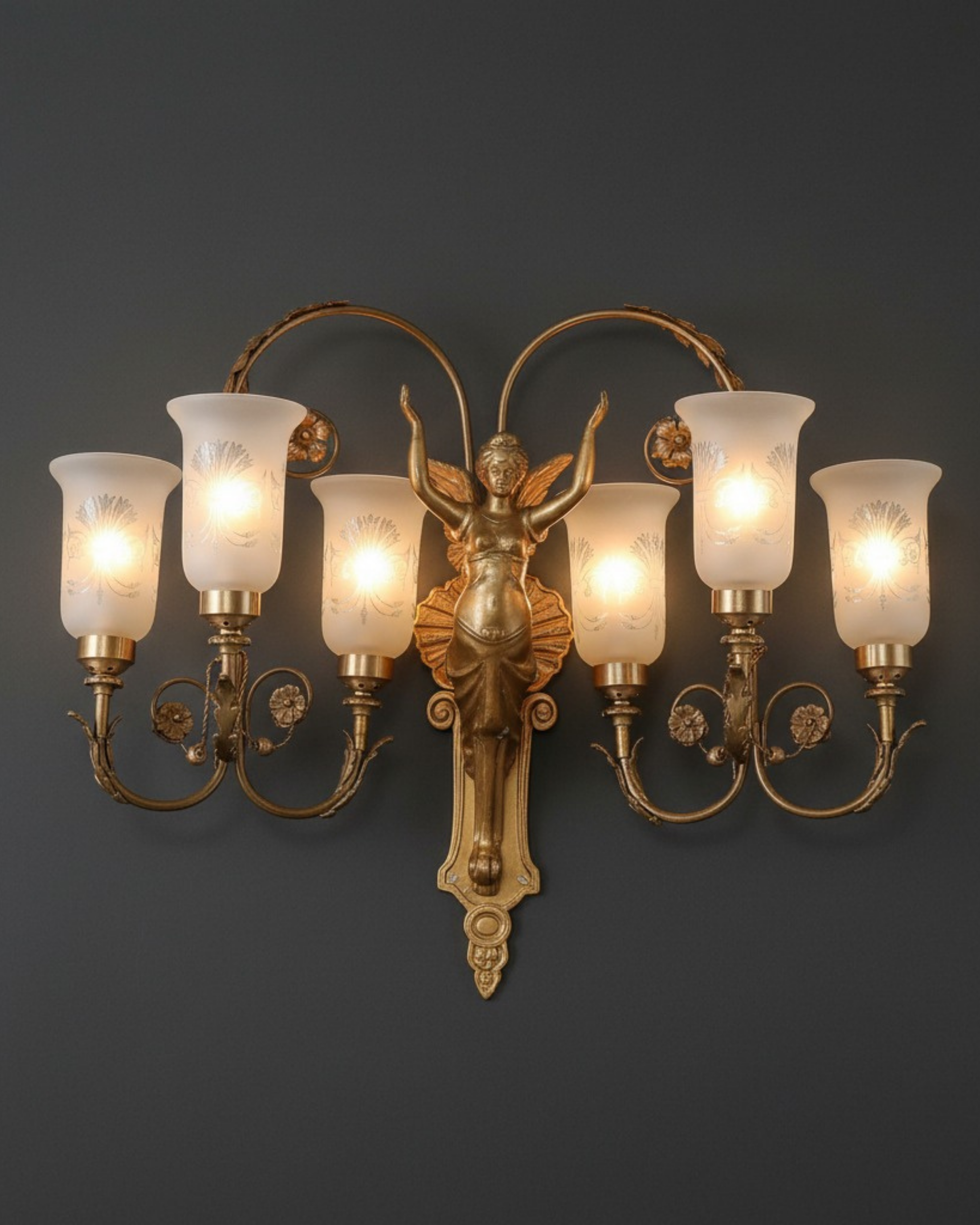 Luxury brass wall light with angel motif and six frosted glass shades – Aartaa Decor