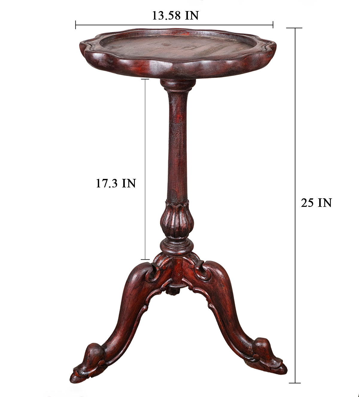 Full view of vintage tripod side table with detailed dimensions – Aartaa Decor