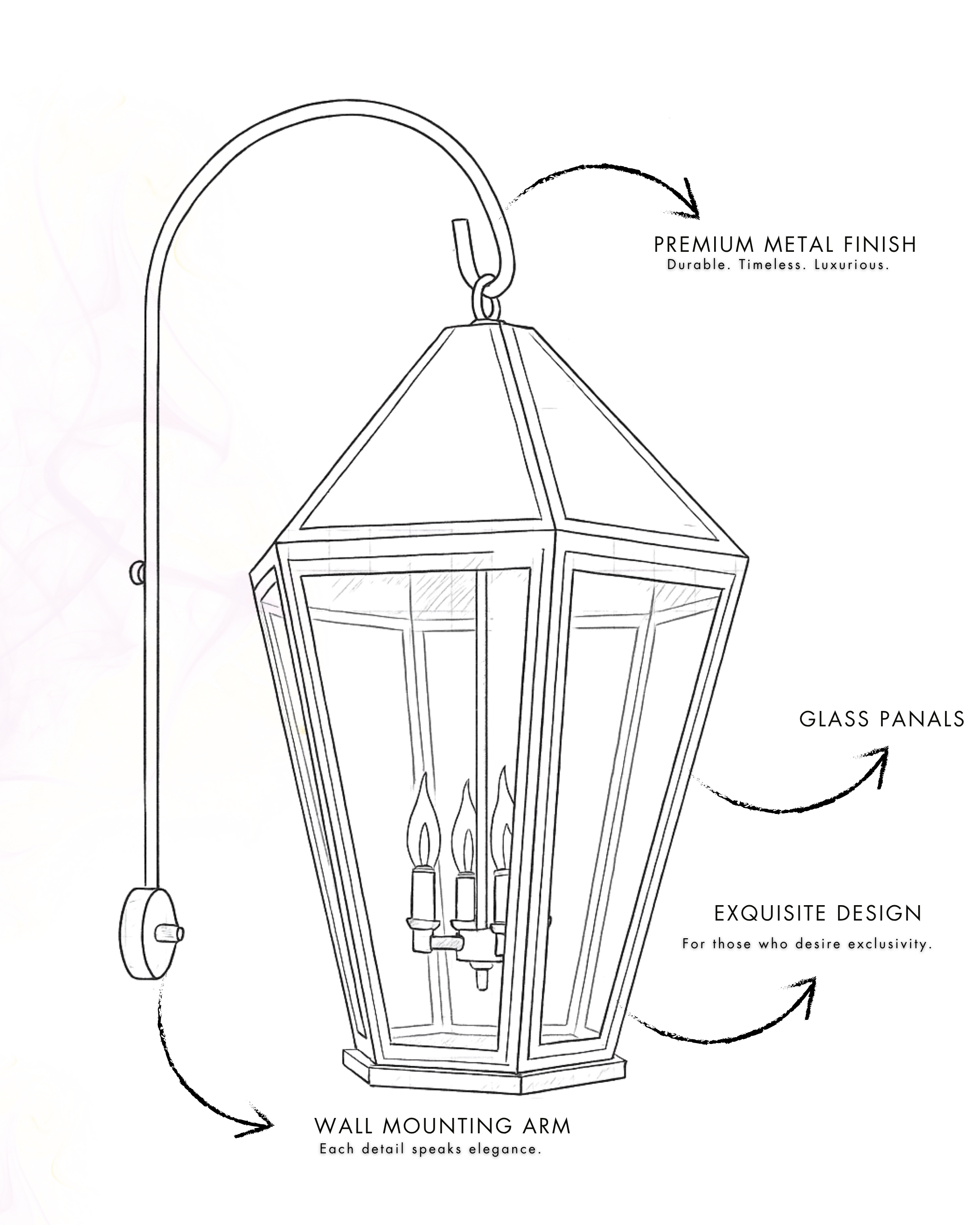 Labeled sketch of classic wall light highlighting premium metal finish, glass panels, and curved arm design
