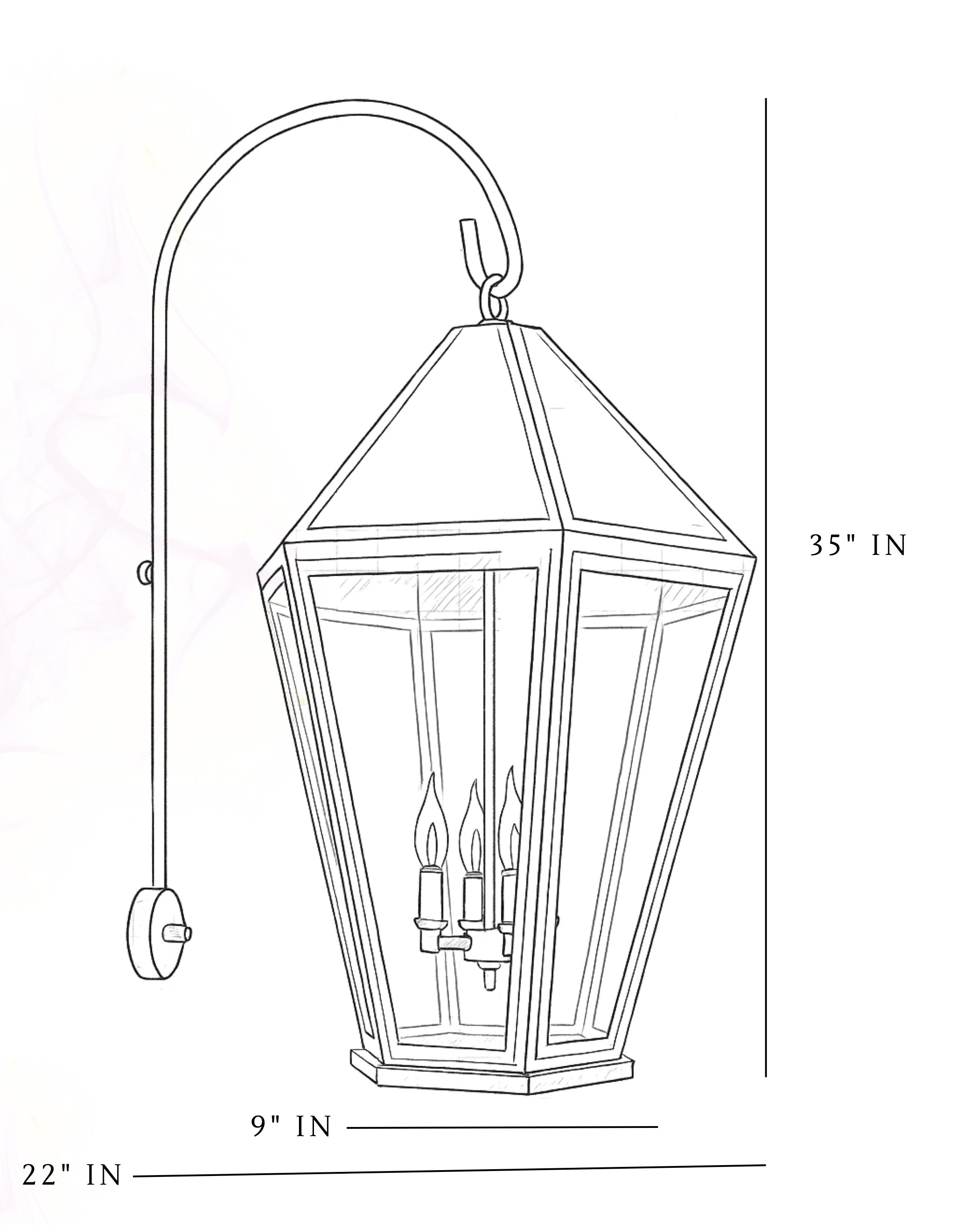 Line sketch showing dimensions of heritage-style wall lantern (35" height, 22" depth)