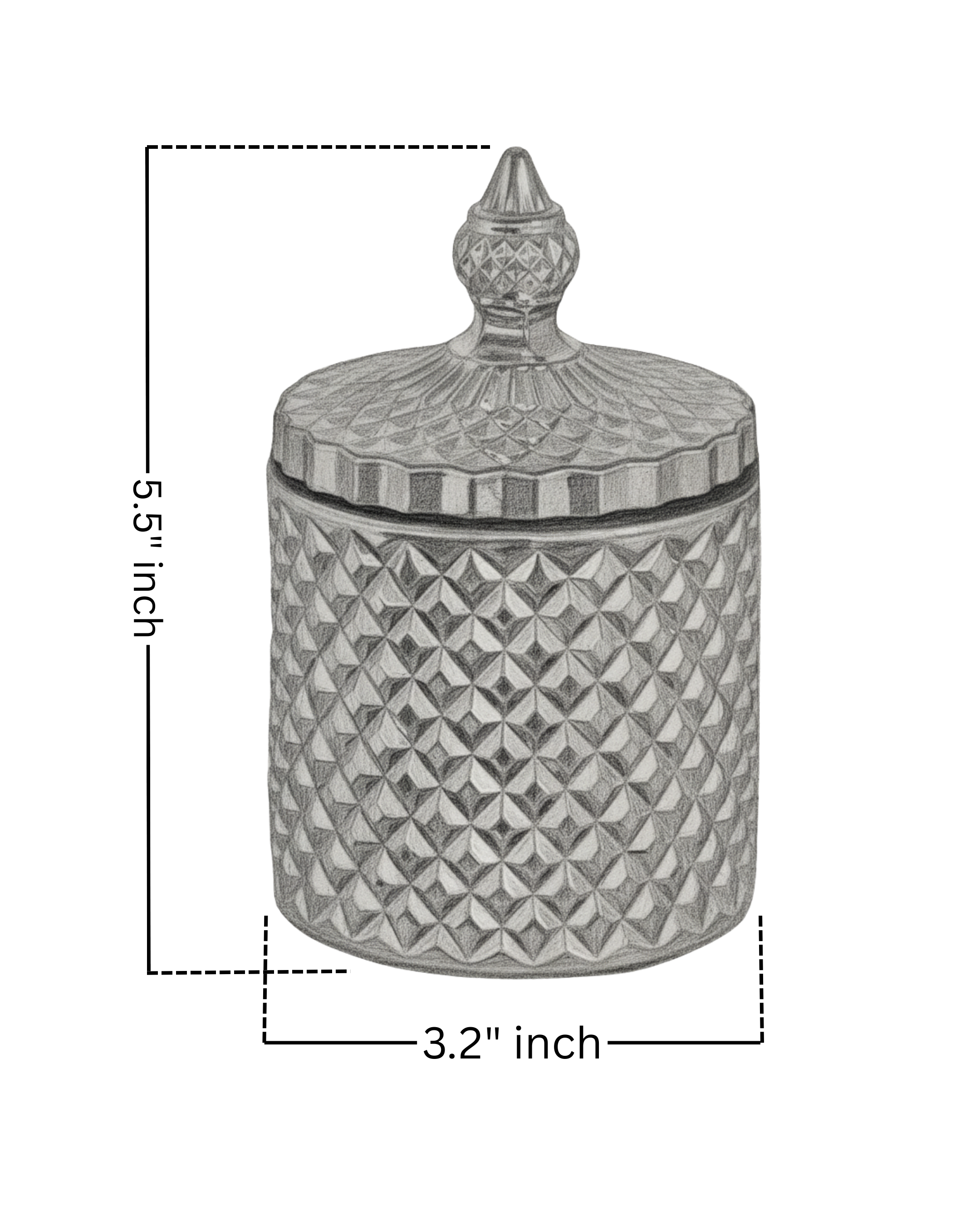 Decorative jar with geometric pattern and measurements on a white background