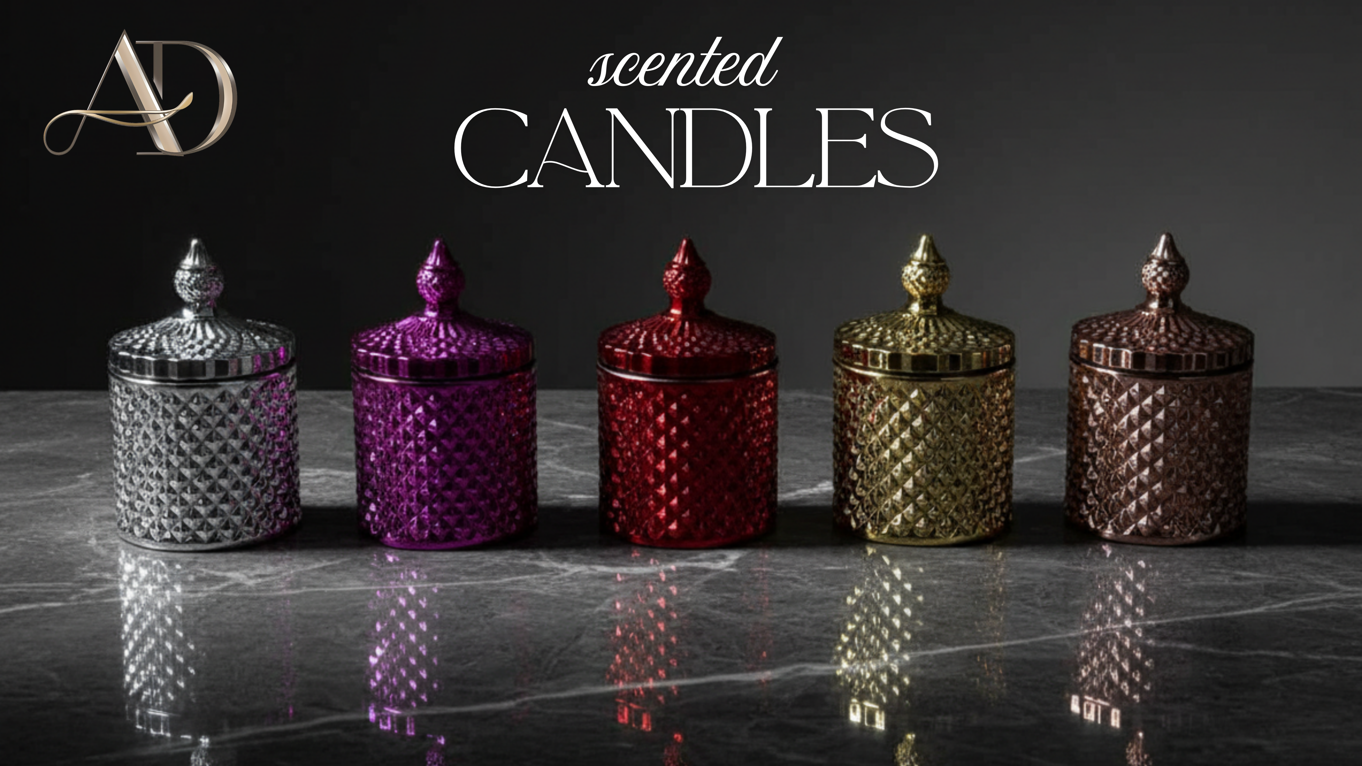 Five decorative scented candles in different colors on a reflective surface with 'scented CANDLES' text above.