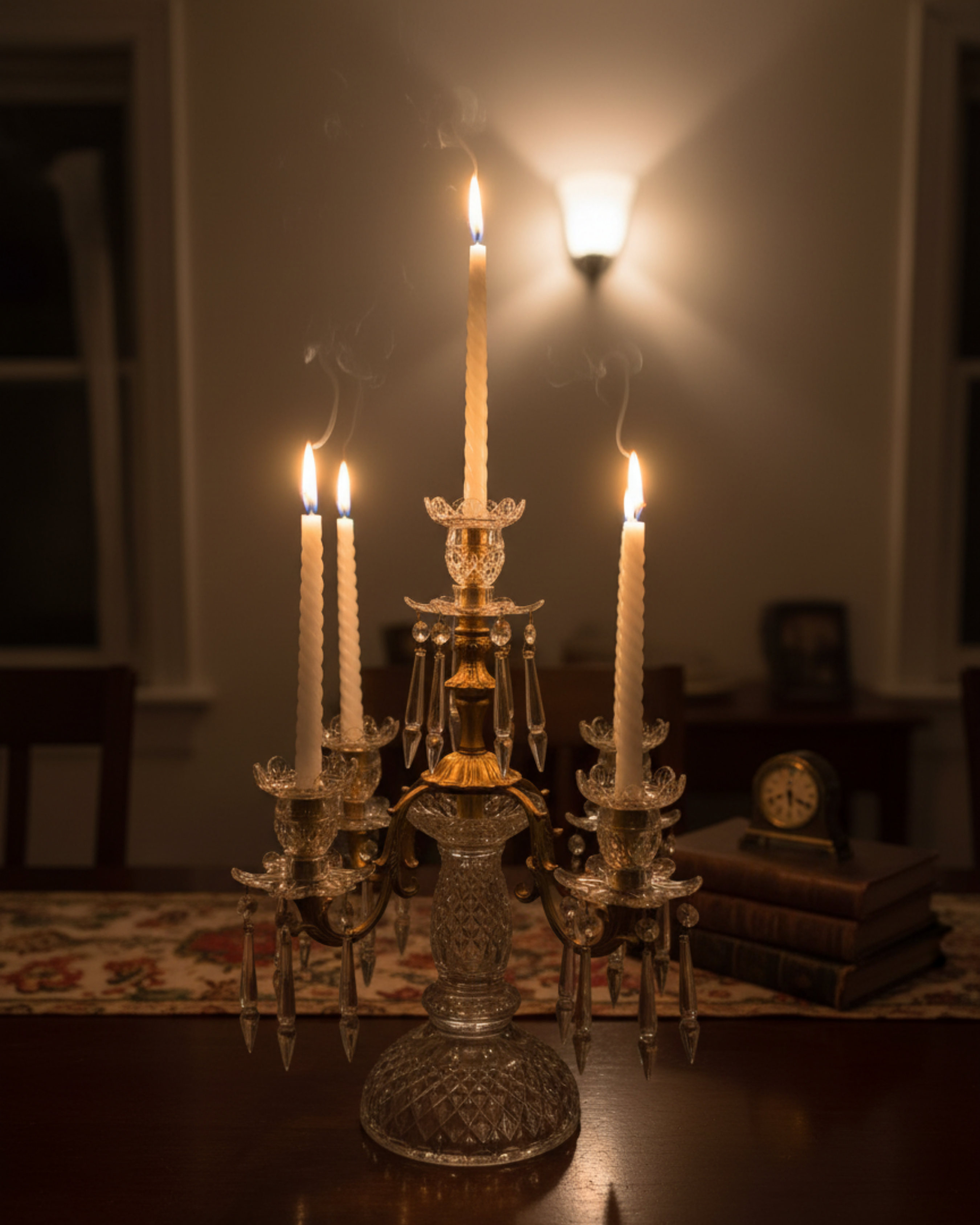 Decorative candle holder with lit candles on a table in a dimly lit room.