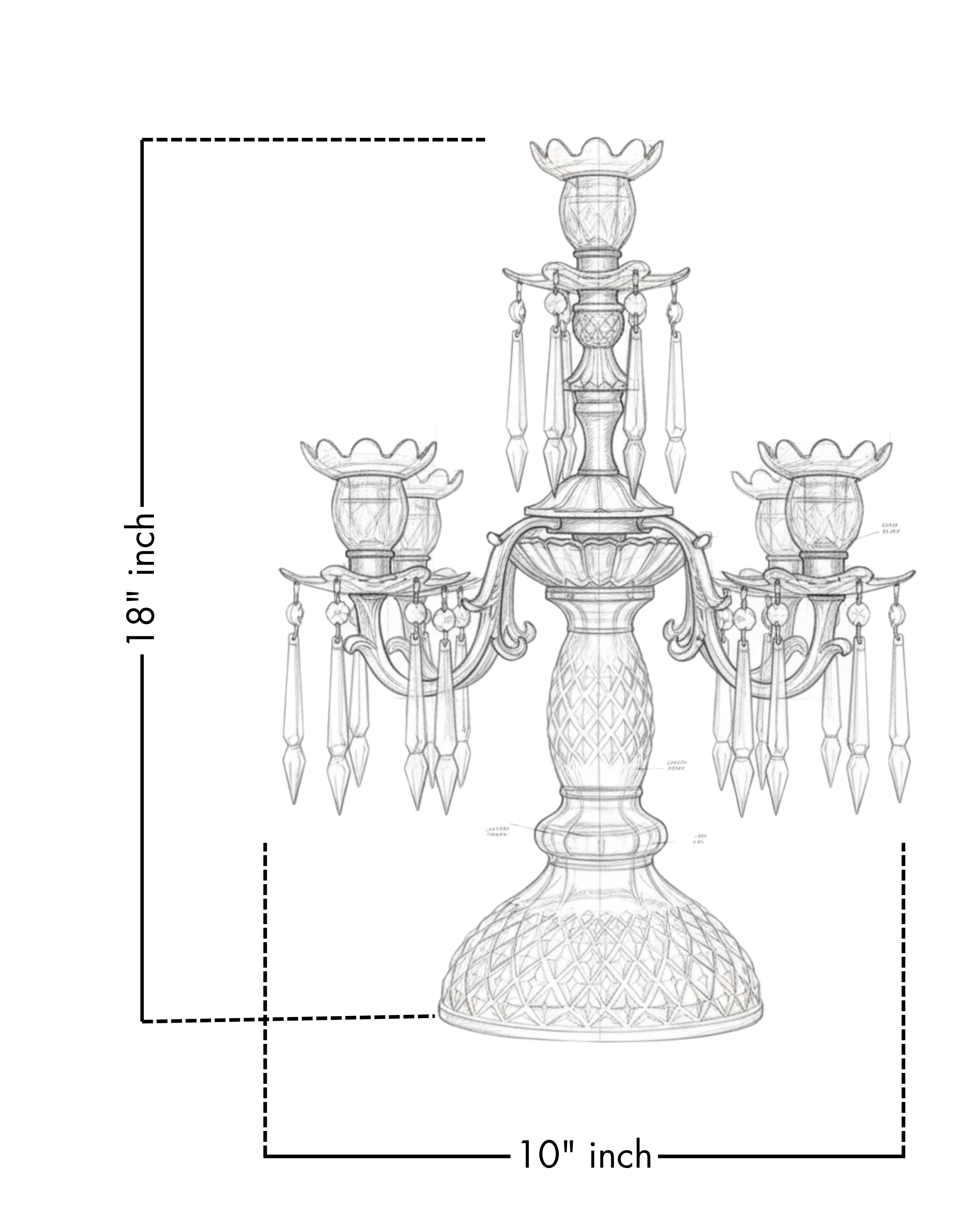 Line drawing of a decorative candelabra with dimensions labeled.