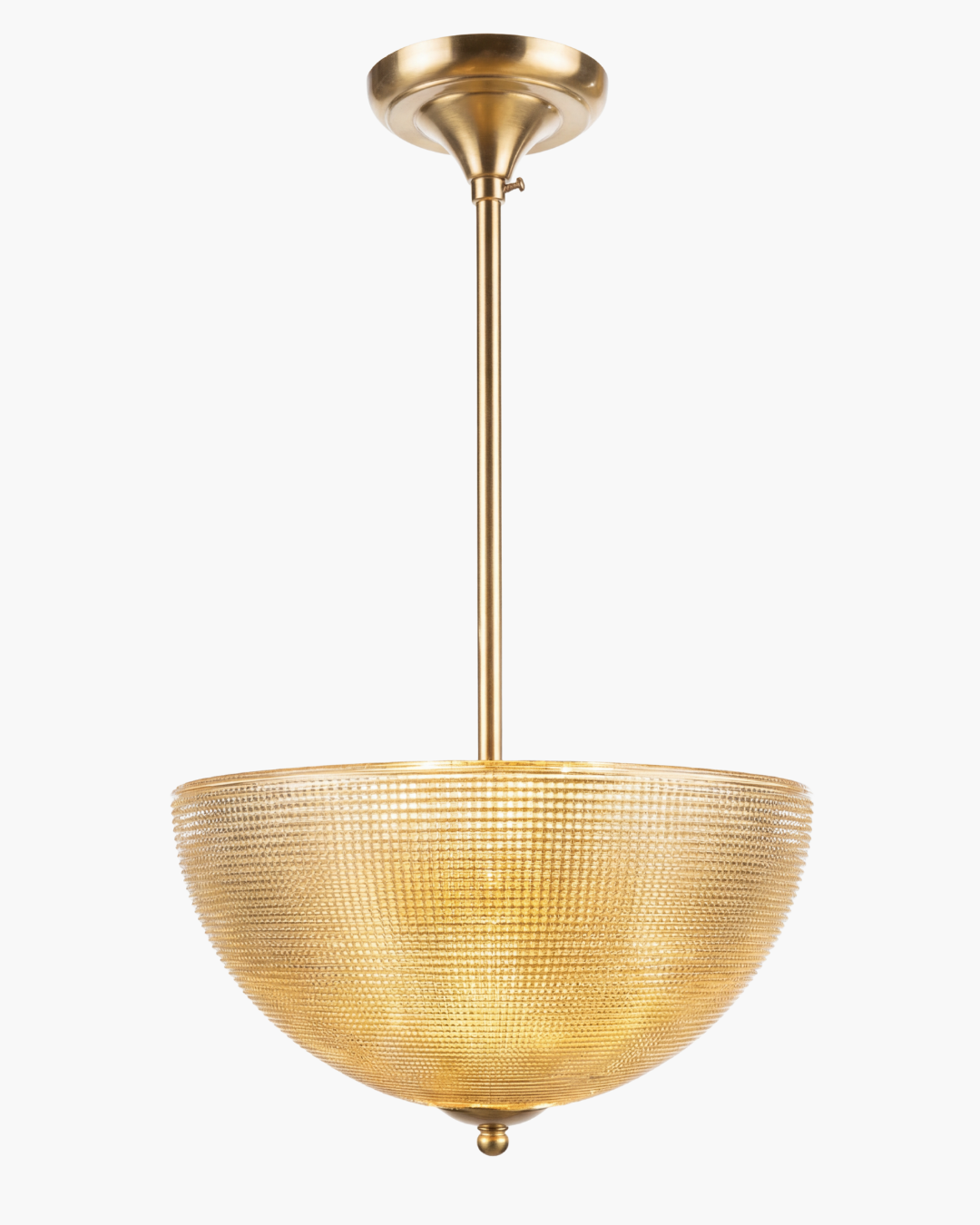 Gold pendant light fixture on a white background. Discover Aurelia Bowl Luxe Pendant Light by AartaaDecor. Handcrafted solid brass & textured glass pendant, made in India.