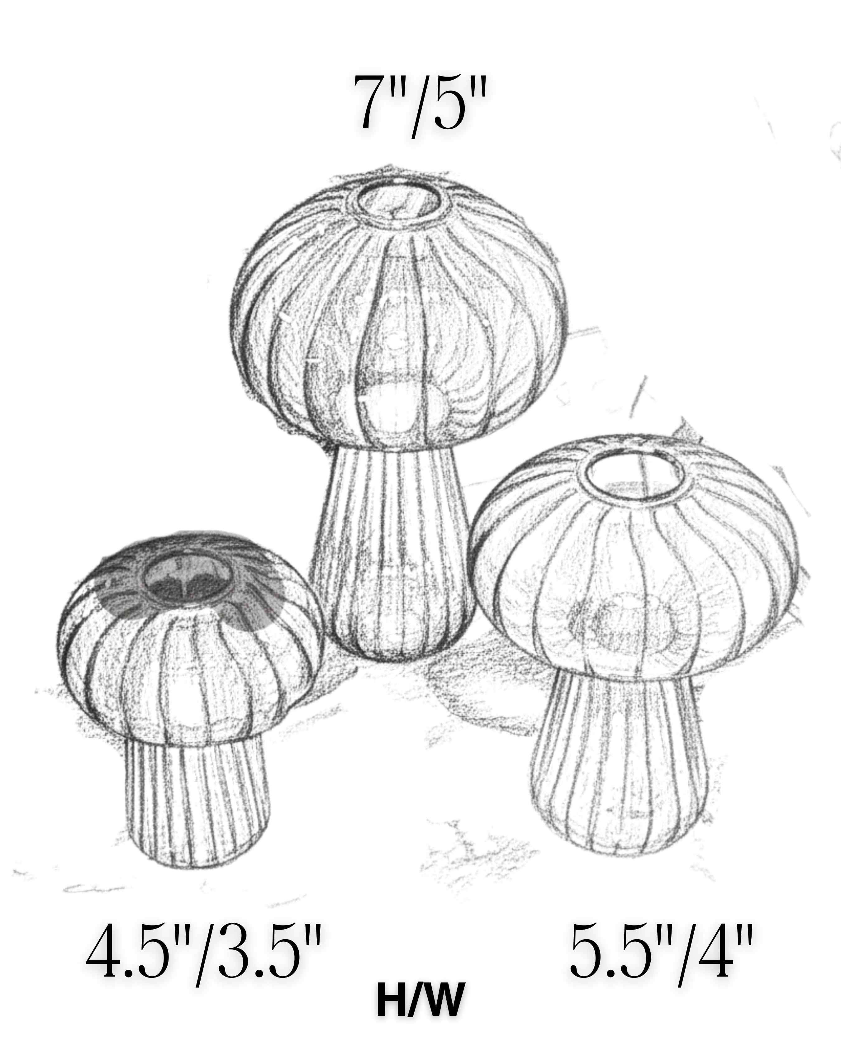 Black and white illustrations of three cylindrical objects with measurements indicated.