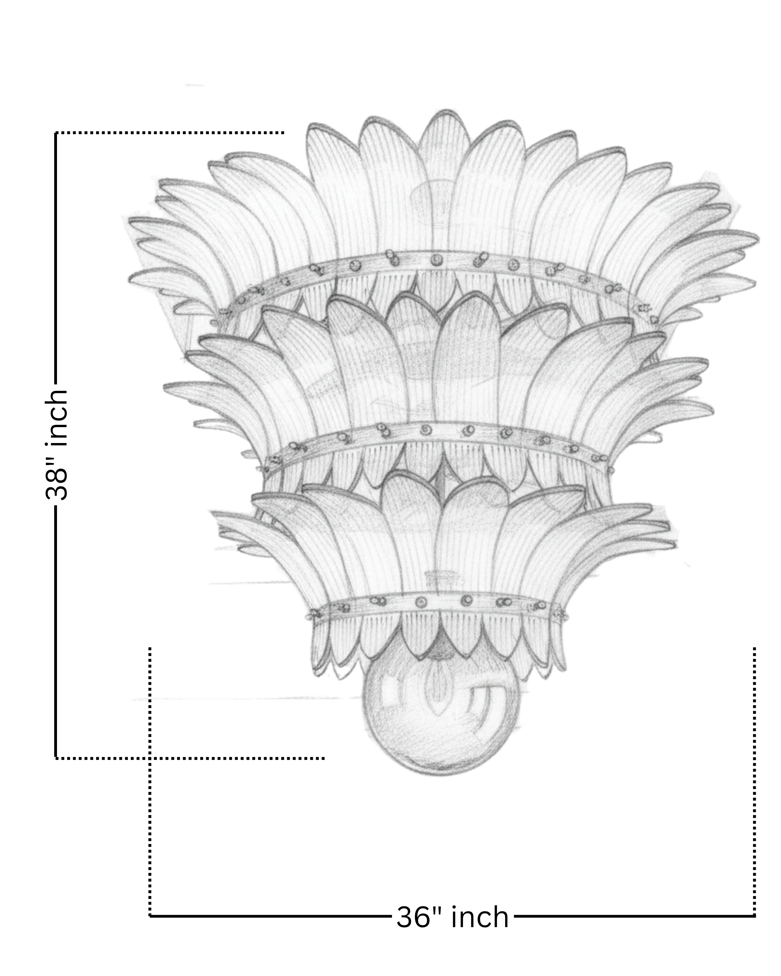 Decorative wall sconce with dimensions labeled on a white background