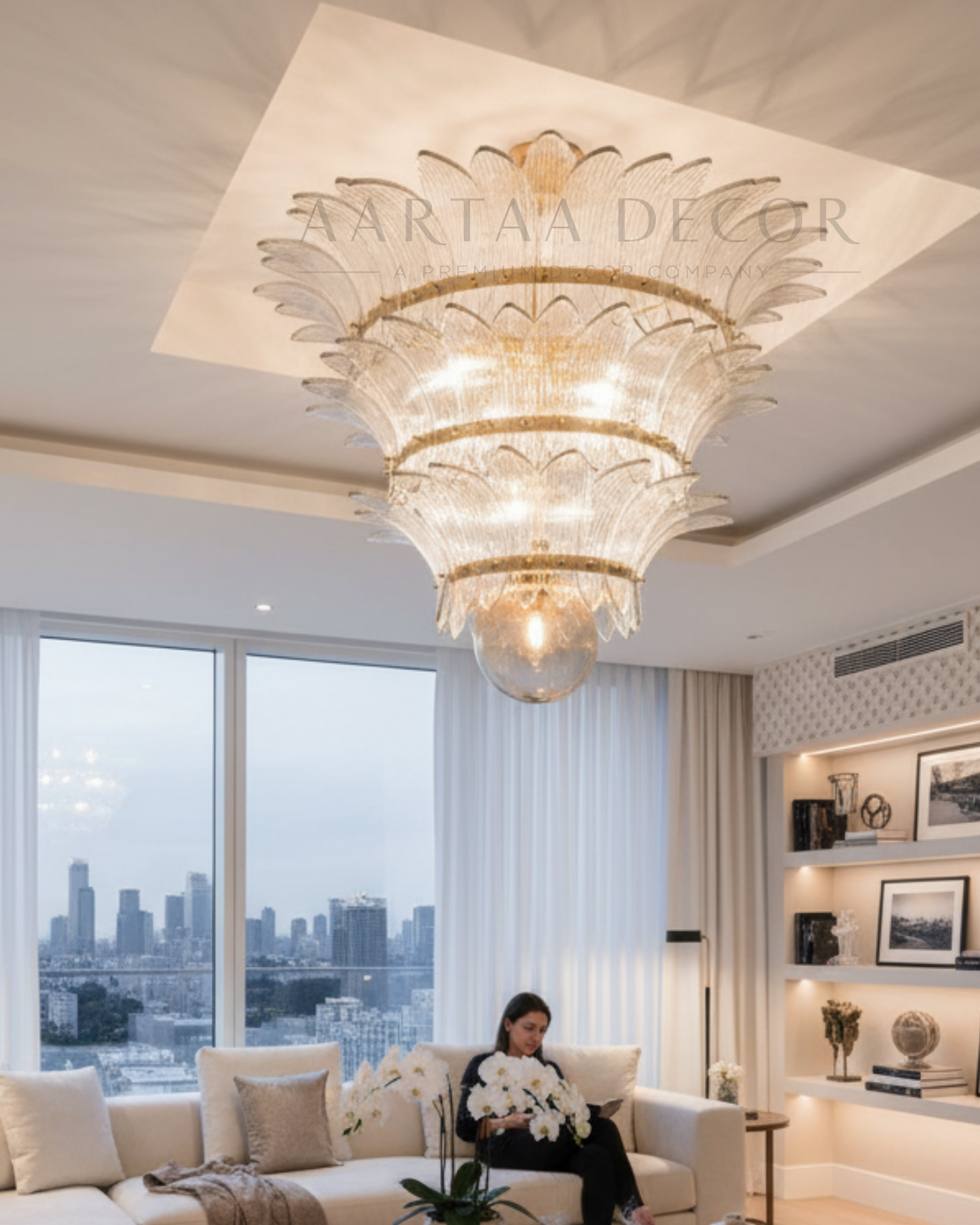 Luxurious chandelier in a modern living room with cityscape view