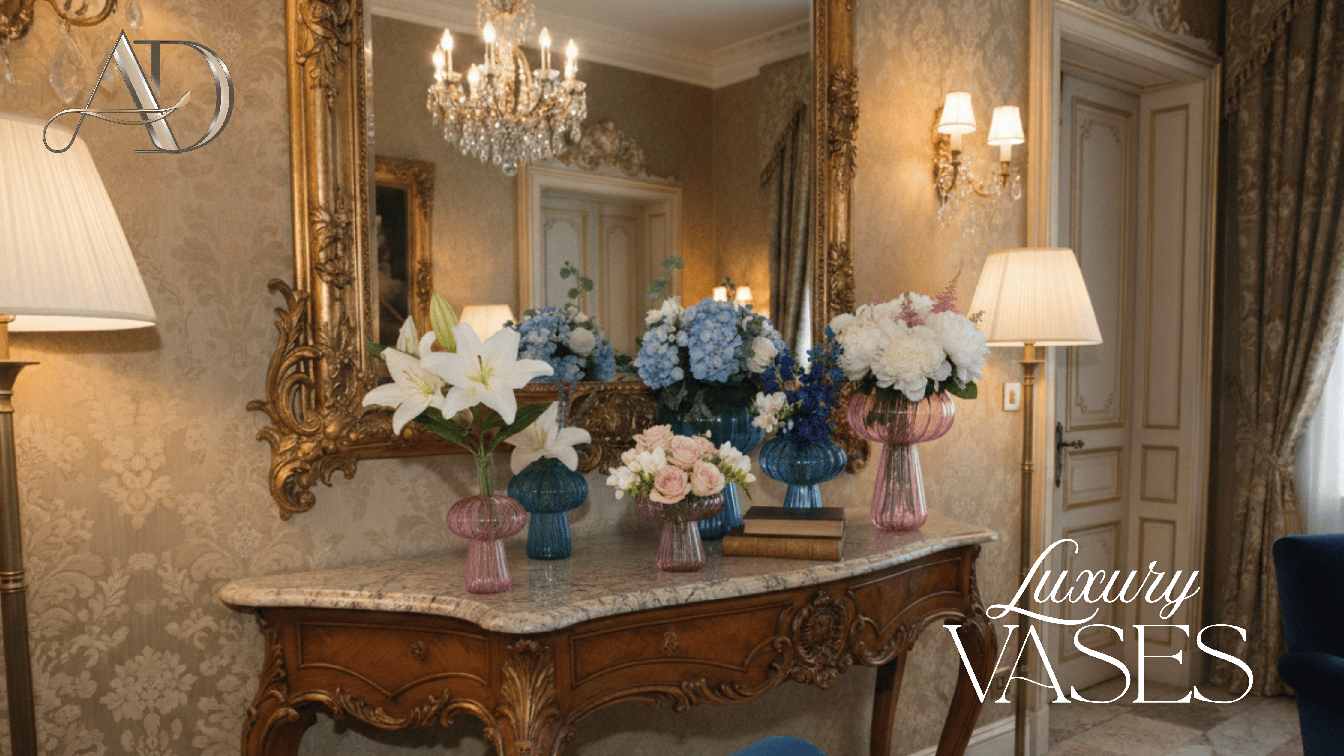 Luxury vases displayed on a decorative table with ornate mirrors and lighting fixtures.
