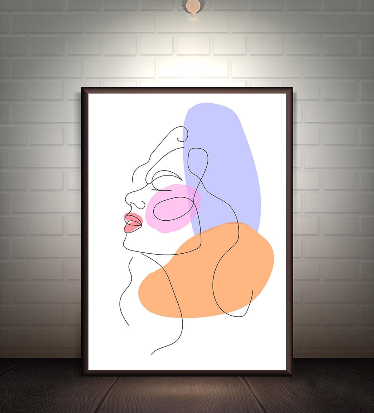 Abstract line art portrait of a woman’s face with black flowing lines, accented by bold geometric color blocks in lilac, orange, and blush pink, ideal for modern and boho-inspired interiors.