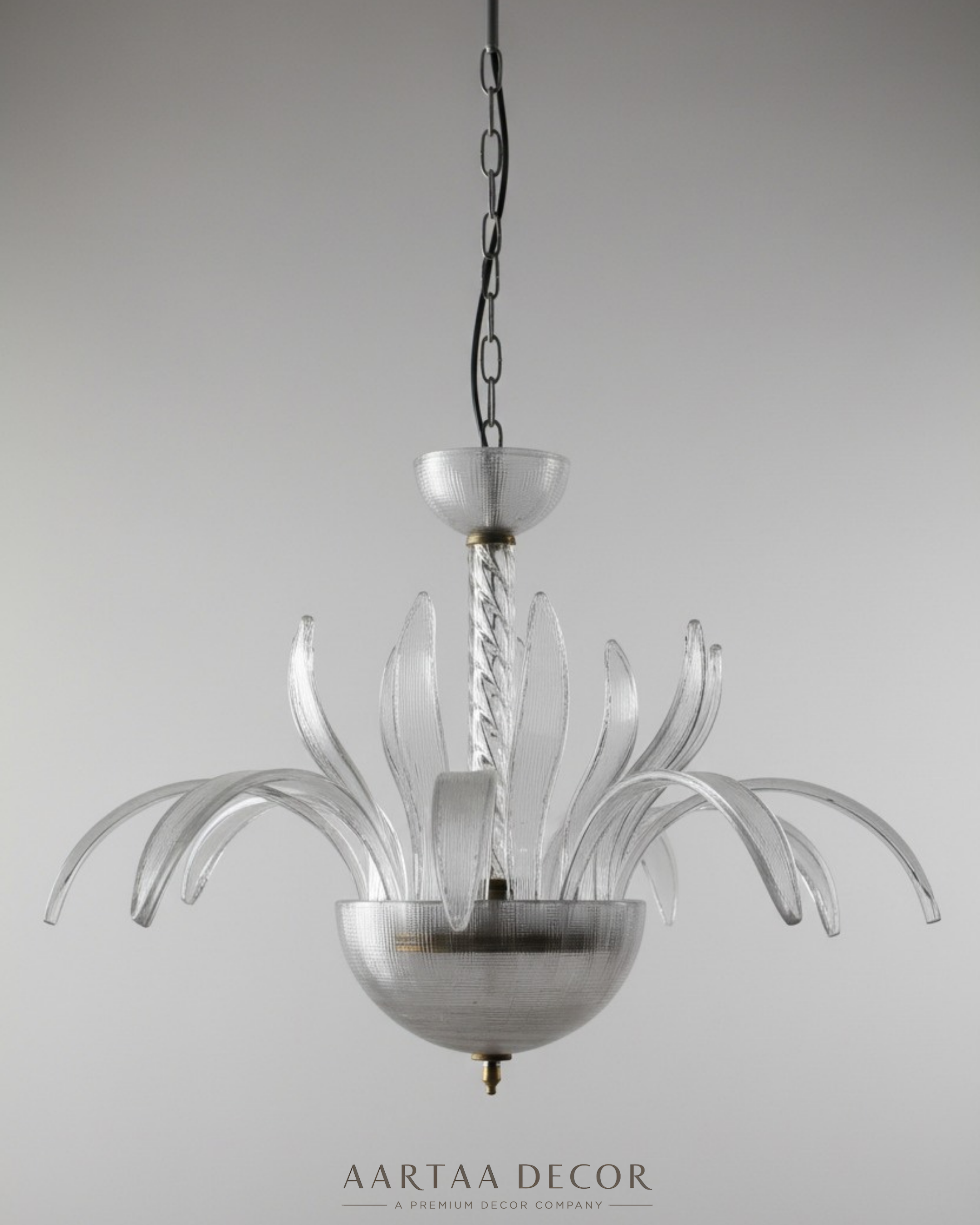 Aurora Palm Crystal Chandelier with artistic glass palm leaves and crystal bowl, luxury ceiling light by Aartaa Decor.