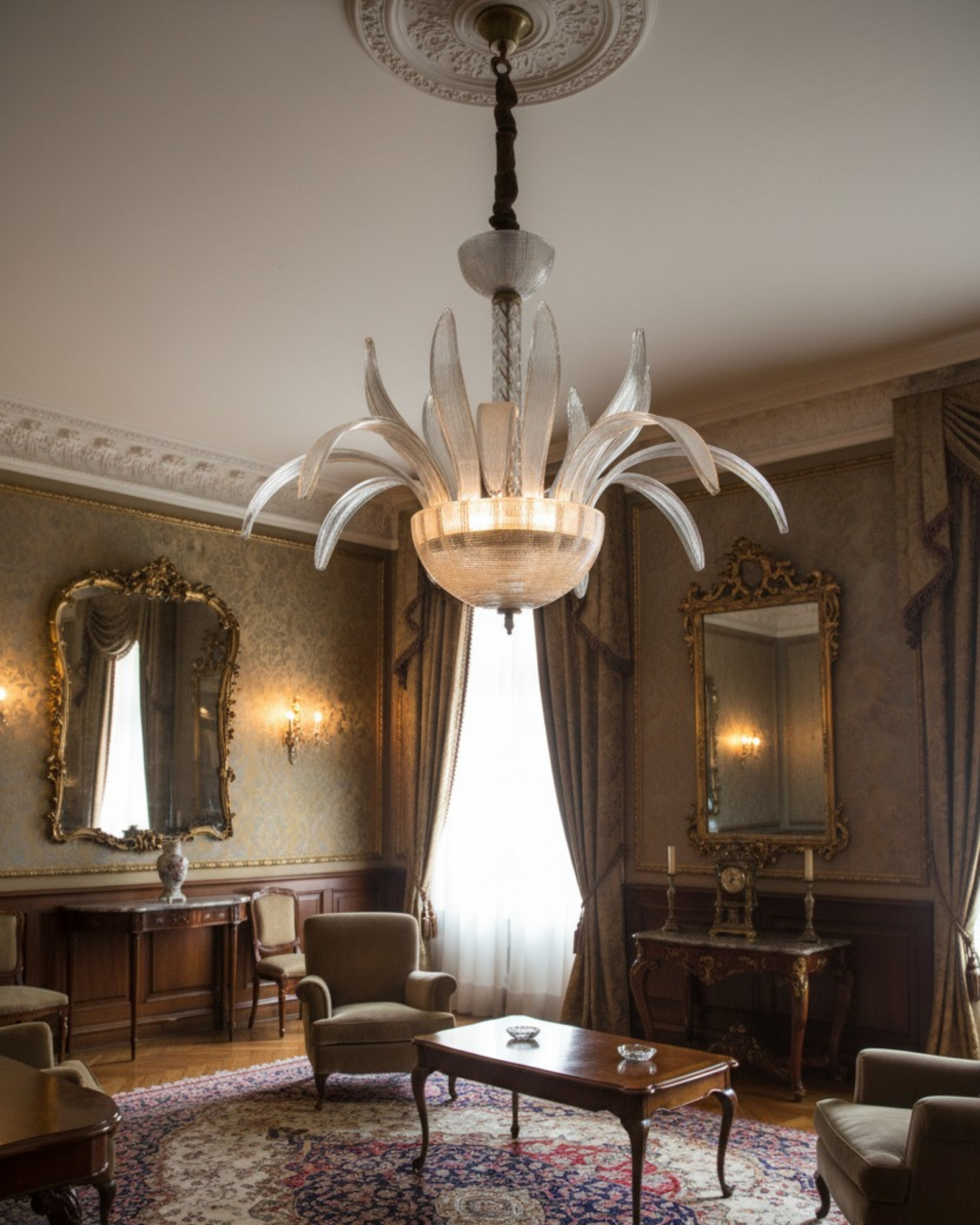 Aurora Palm Crystal Chandelier hanging in elegant dining room, luxury crystal lighting centerpiece for modern interiors.