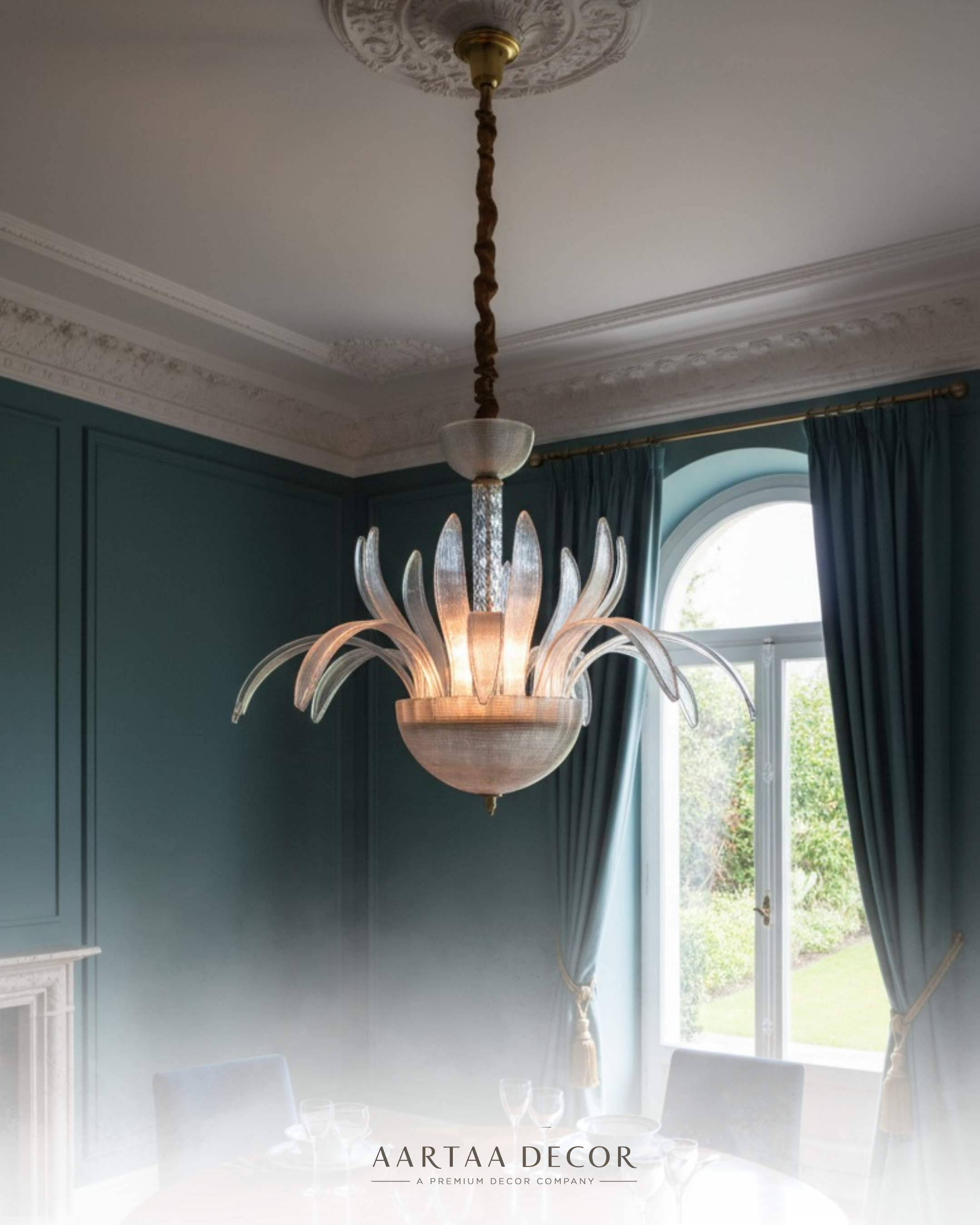 Detailed view of Aurora Palm Crystal Chandelier showcasing palm leaf crystal arms and premium craftsmanship by Aartaa Decor