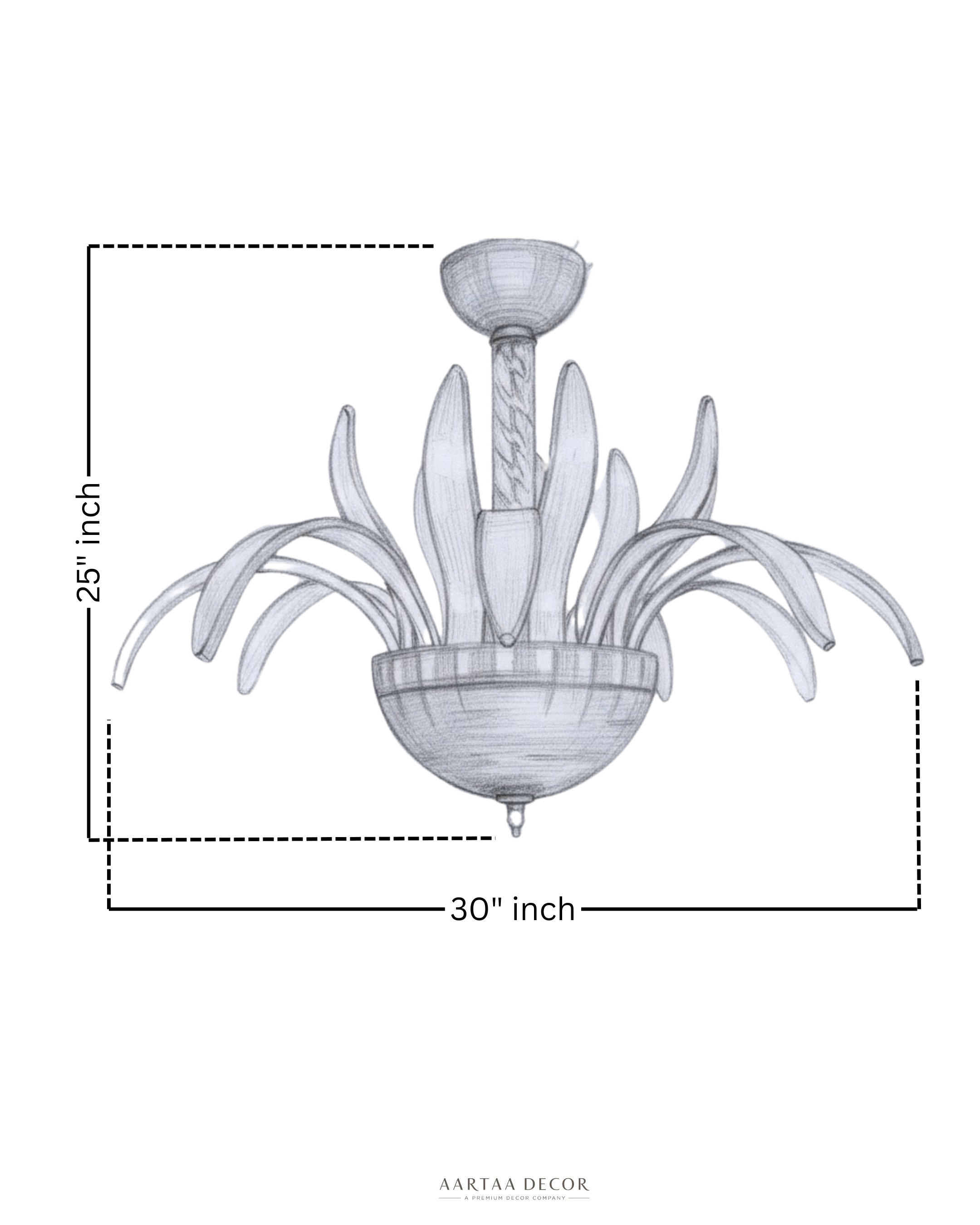 Aurora Palm Crystal Chandelier size illustration, 25-inch height and 30-inch width with palm-inspired crystal design