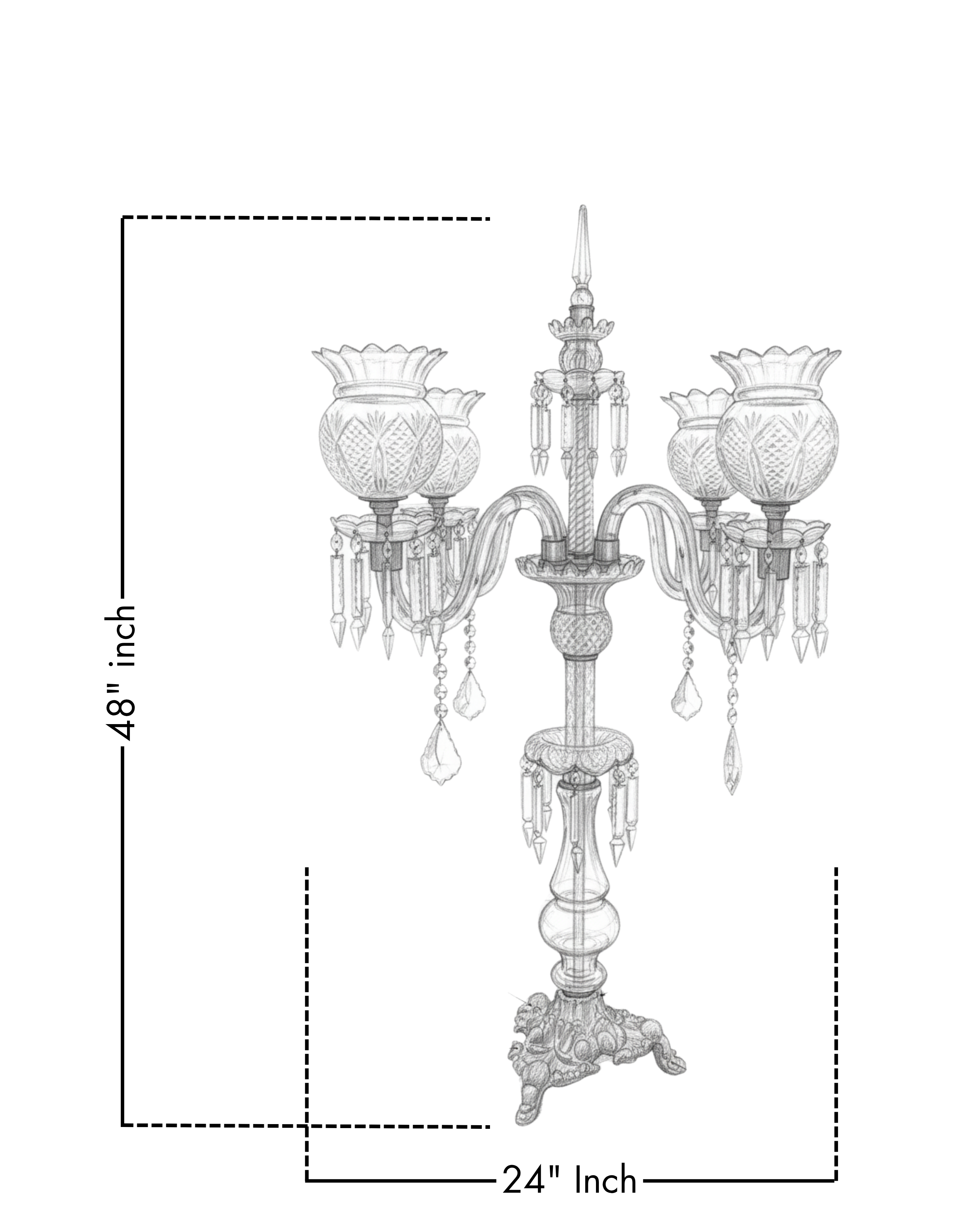 Decorative candelabrum with crystal elements and dimensions on a white background