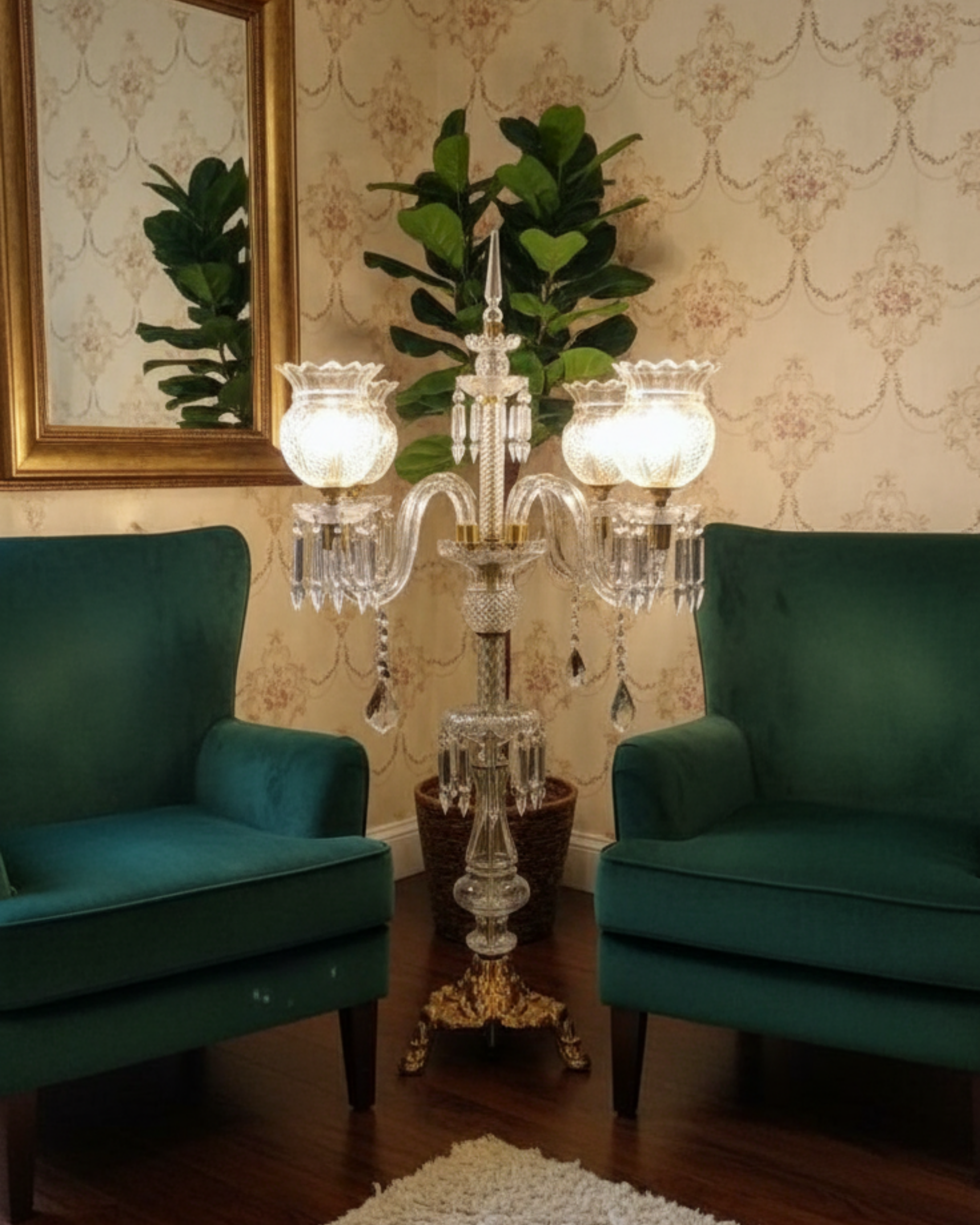 Decorative crystal candelabra with two teal chairs in a room with patterned wallpaper.