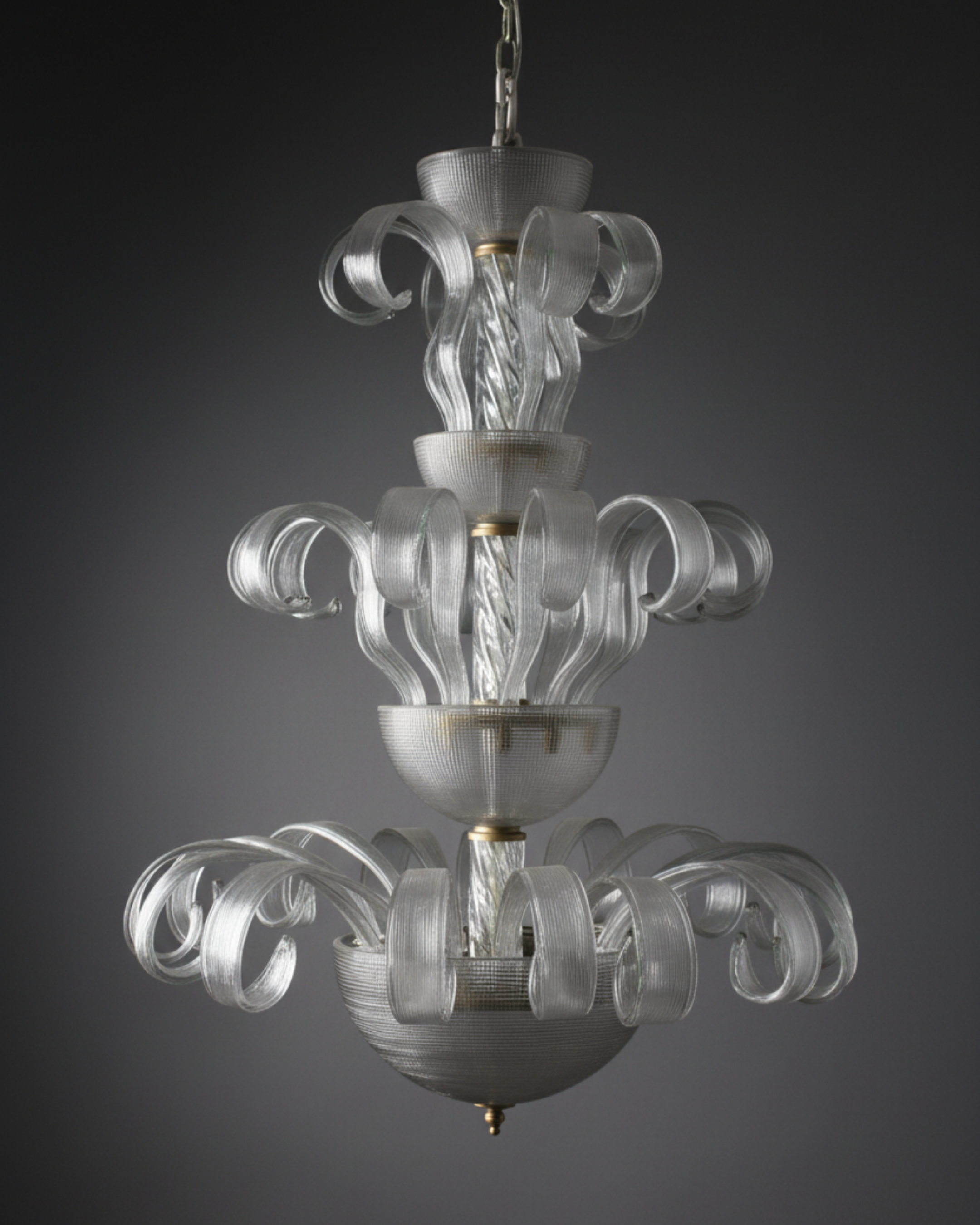 Front view of 36” Baroque Bloom Chandelier with curved clear glass arms and golden detailing