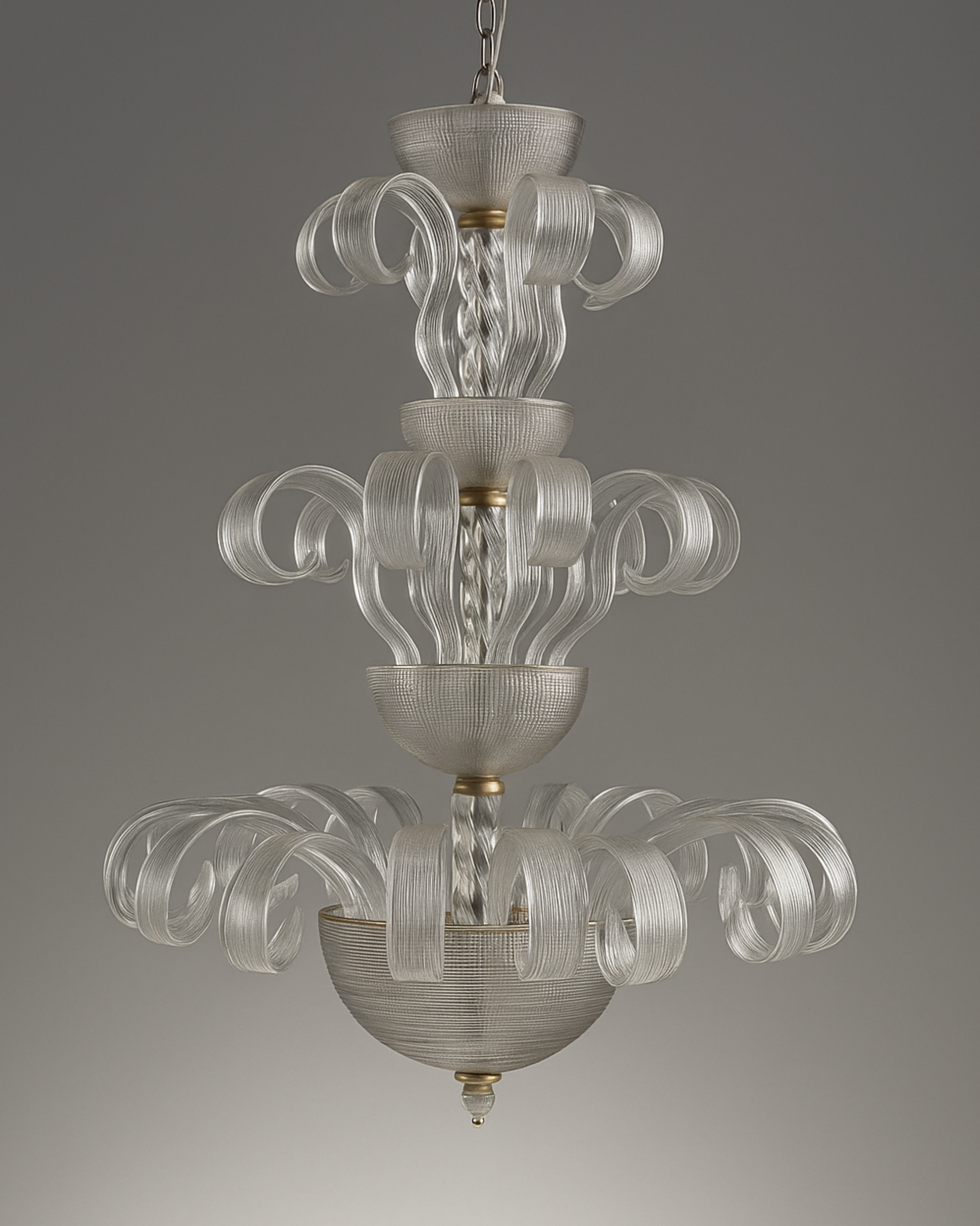 Front view of 36” Baroque Bloom Chandelier with curved clear glass arms and golden detailing