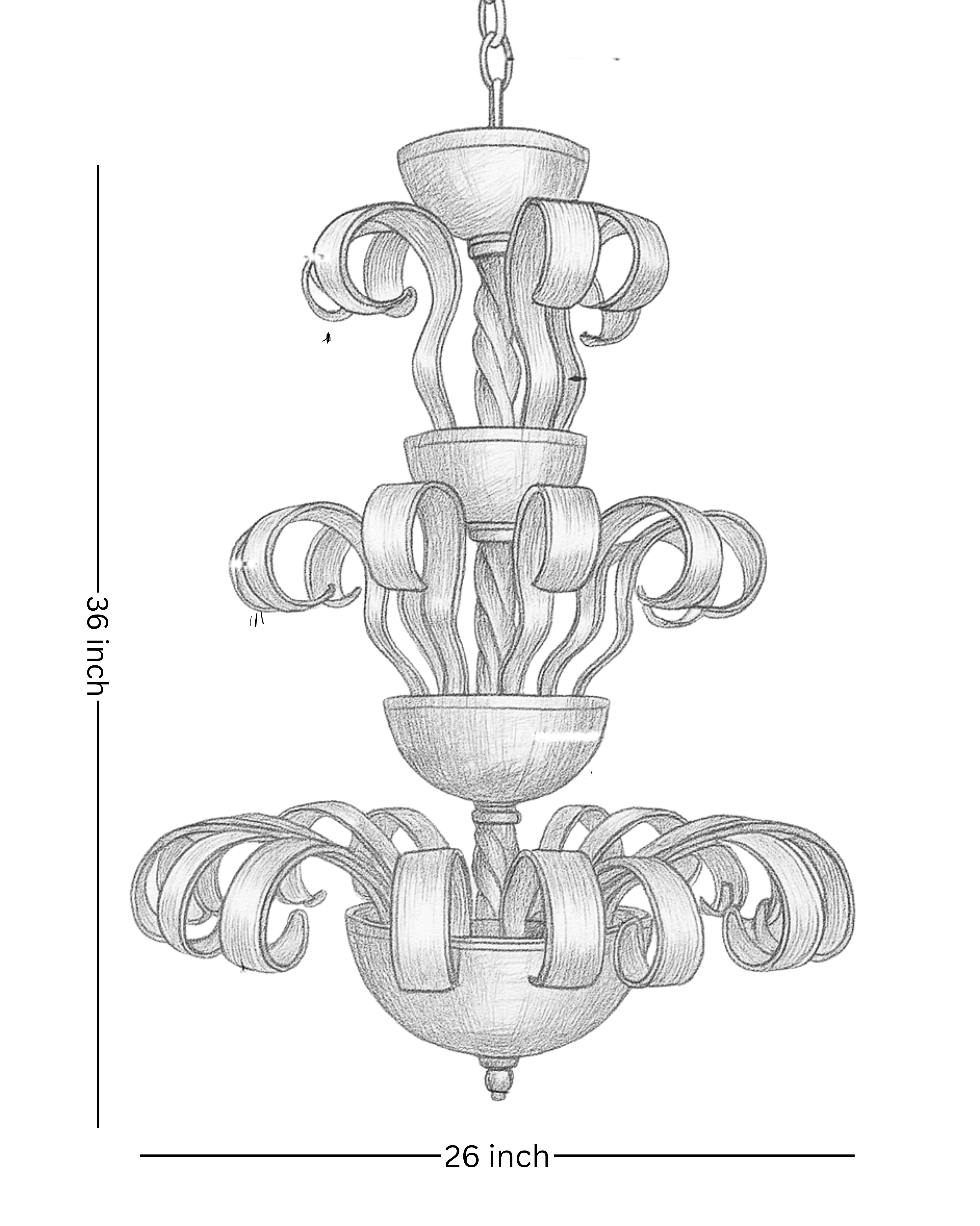 Artistic chandelier sketch with labeled dimensions (36” height × 26” width)