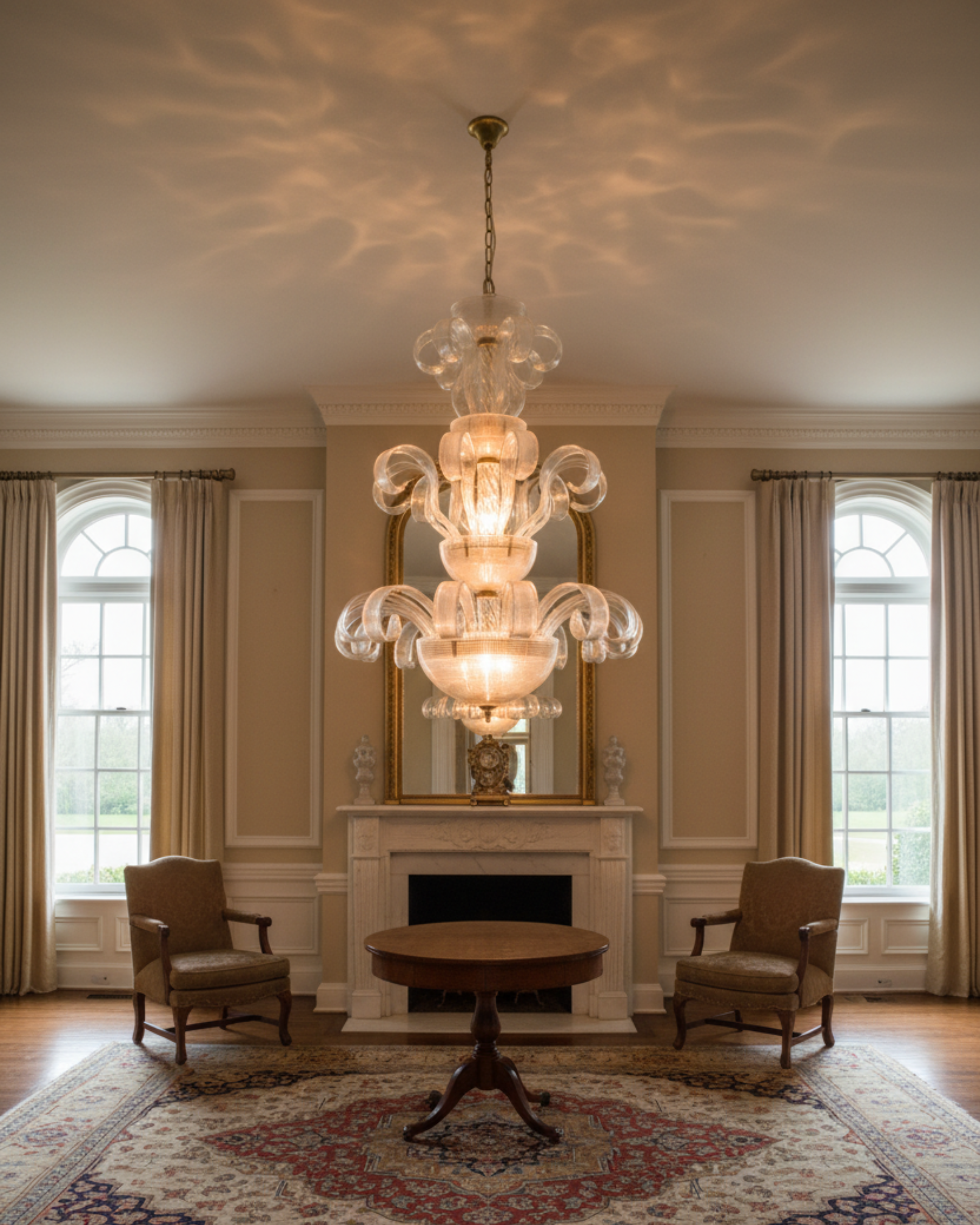 Chandelier hanging above a round wooden table in a room with two chairs and large windows.
