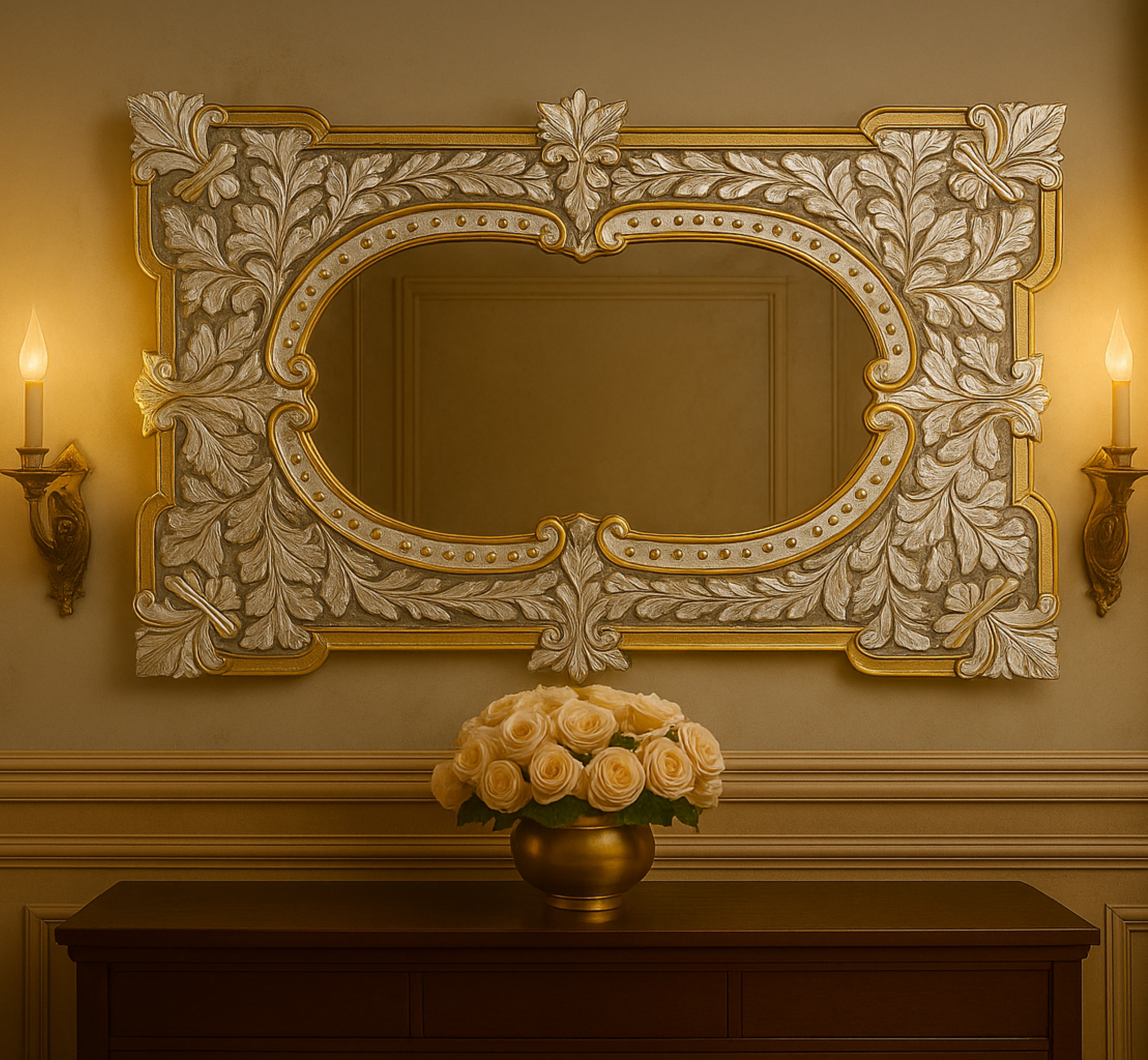 Handcrafted Baroque Gilded Leaf Mirror mounted on vintage beige wall