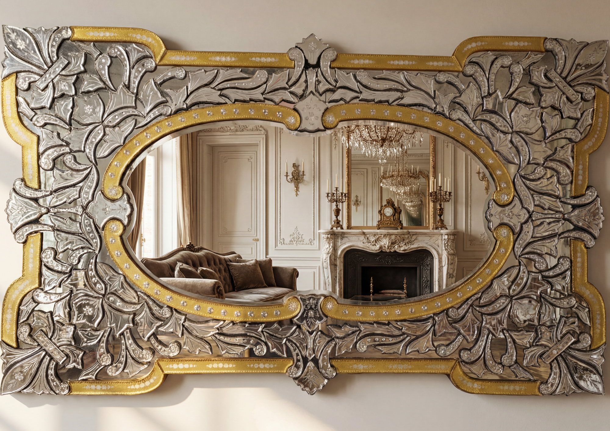 Decorative mirror with intricate gold and silver frame in a room with a chandelier and fireplace.
