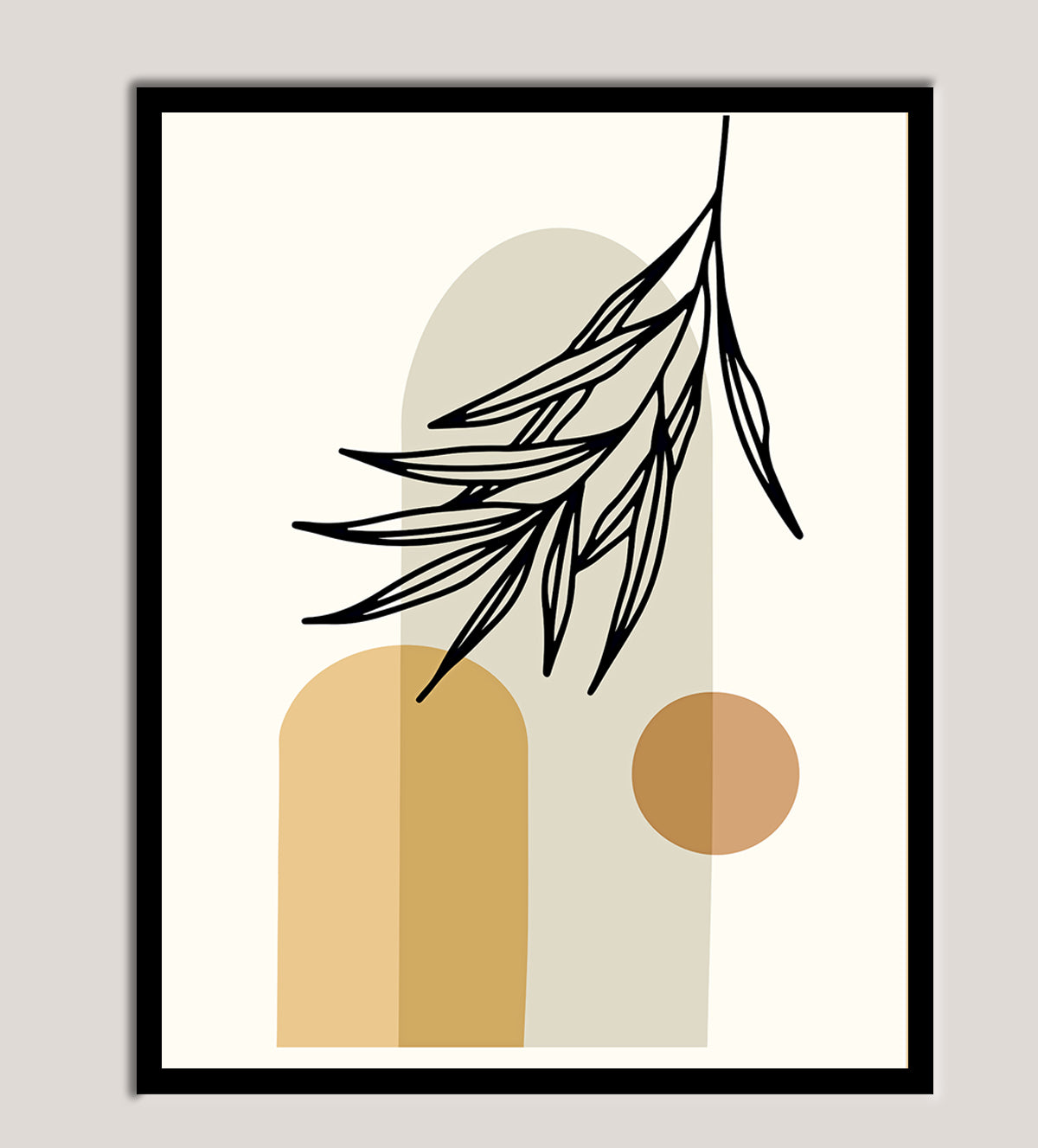 Harmony in Boho is a gorgeous piece of art that elegantly combines contemporary geometric patterns with earthy organic shapes to elevate any space. With its calming, smooth white background and overlapping organic shapes in warm, neutral tones, this alluring abstract artwork exudes calmness in any area. A strong focal point is created by a bright orange circle, and the composition is enhanced by the graceful silhouette of a palm leaf, which gives a touch of natural beauty - Aartaa decor