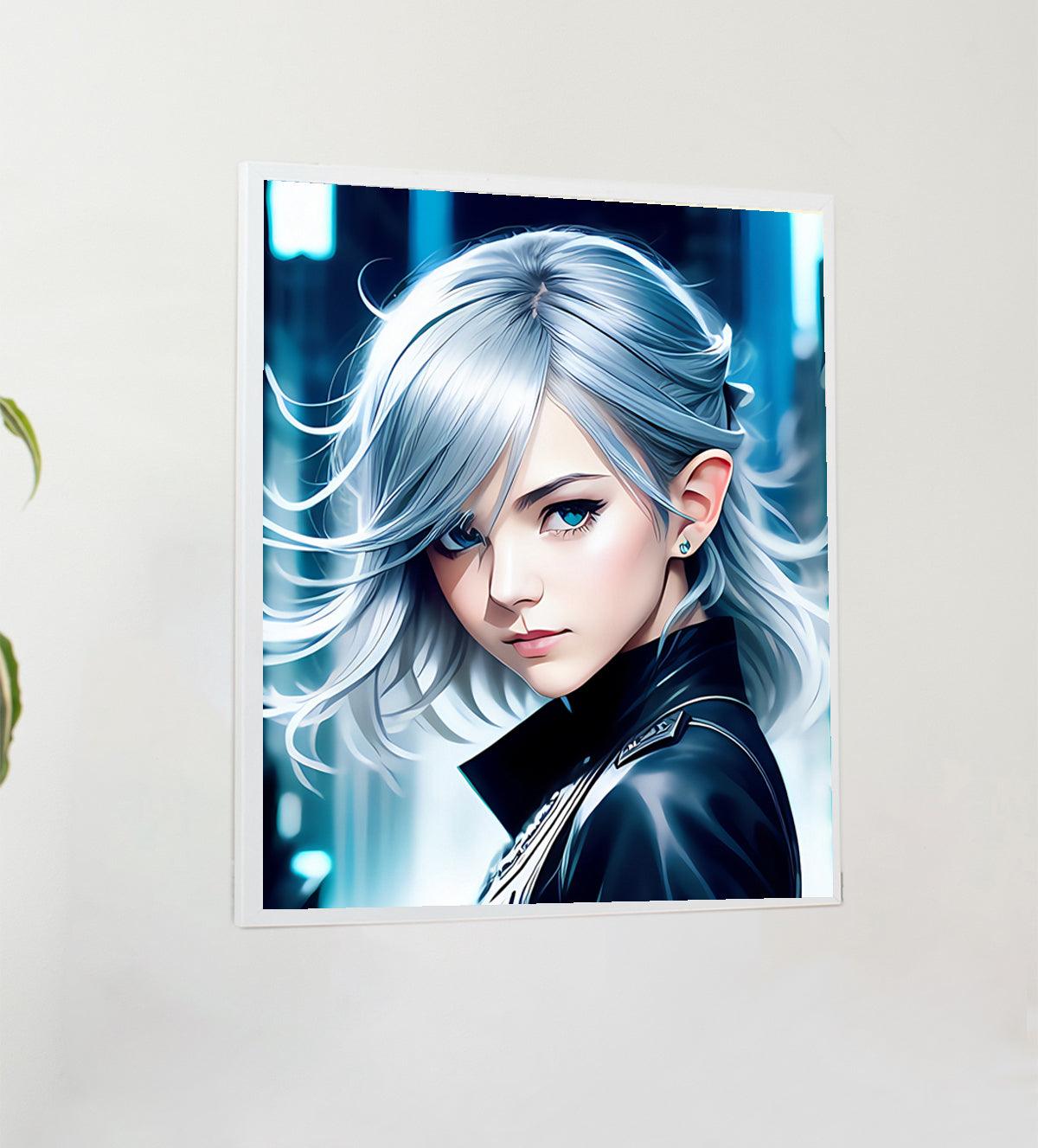 Supernova Heroine: Fierce and Fearless, a stunning painting of a bold, silver-haired heroine with futuristic flair. Perfect for modern, edgy interiors, this art piece is available in multiple sizes and framing options. Click to shop now and add a touch of power and elegance to your room!