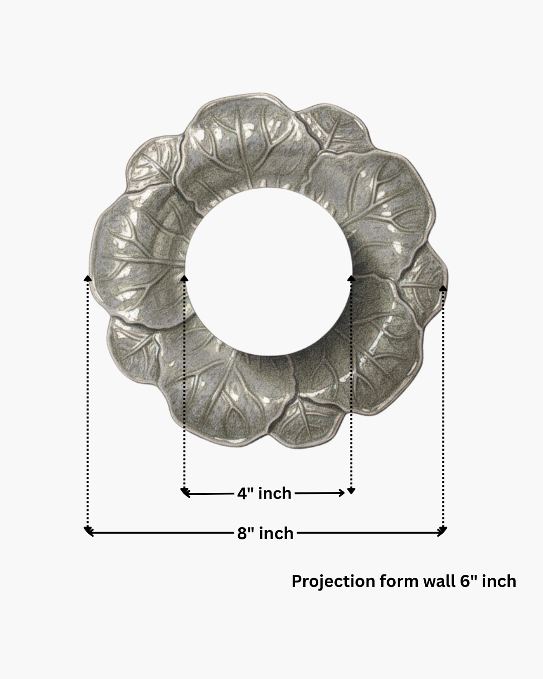 Decorative metal wall art with leaf patterns and dimensions on a white background