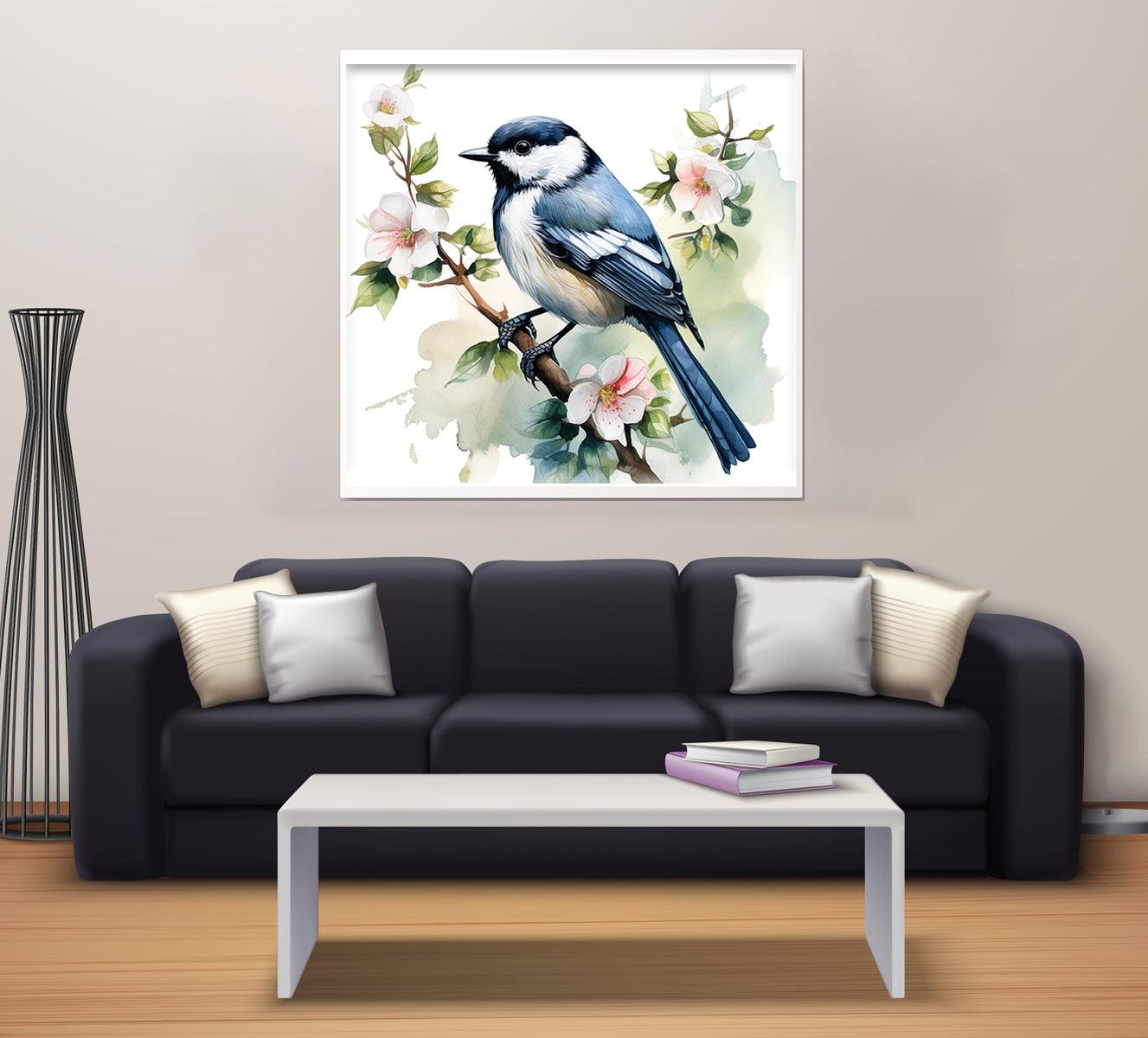 Painting of a bluebird on a blossoming branch, titled 'Blossoming Blue: A Tranquil Garden Companion,' perfect for adding a nature-inspired touch to home decor.