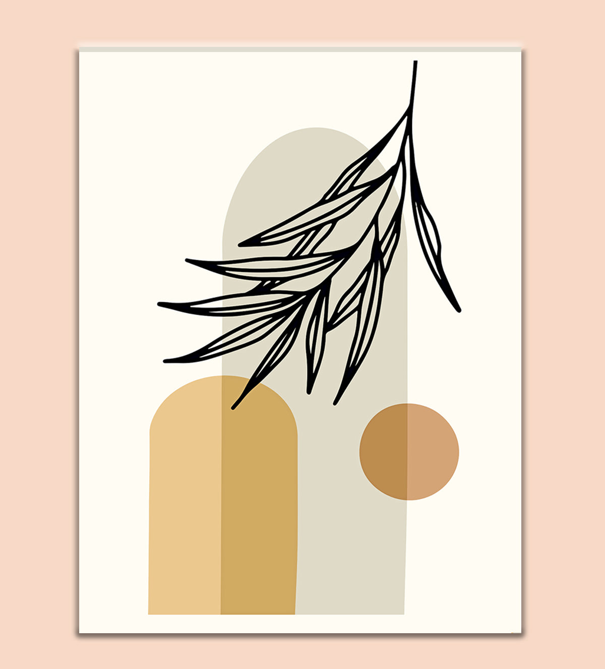 Harmony in Boho is a gorgeous piece of art that elegantly combines contemporary geometric patterns with earthy organic shapes to elevate any space. With its calming, smooth white background and overlapping organic shapes in warm, neutral tones, this alluring abstract artwork exudes calmness in any area. A strong focal point is created by a bright orange circle, and the composition is enhanced by the graceful silhouette of a palm leaf, which gives a touch of natural beauty - Aartaa decor