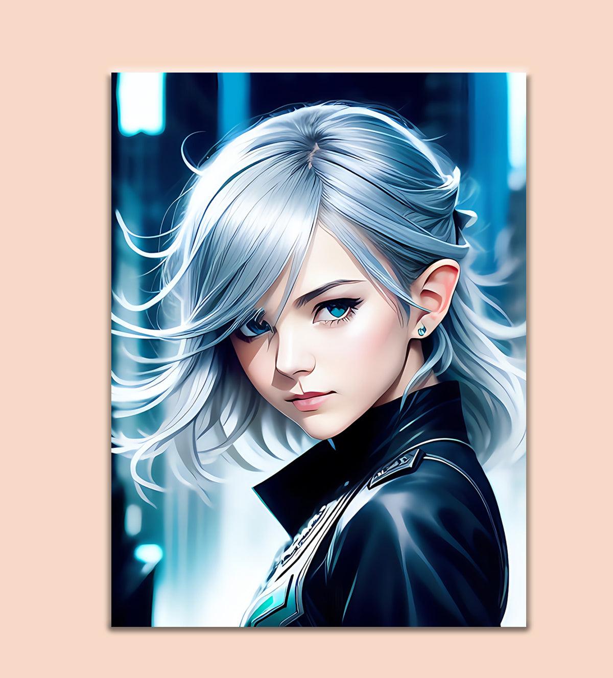Supernova Heroine: Fierce and Fearless, a stunning painting of a bold, silver-haired heroine with futuristic flair. Perfect for modern, edgy interiors, this art piece is available in multiple sizes and framing options. Click to shop now and add a touch of power and elegance to your room!