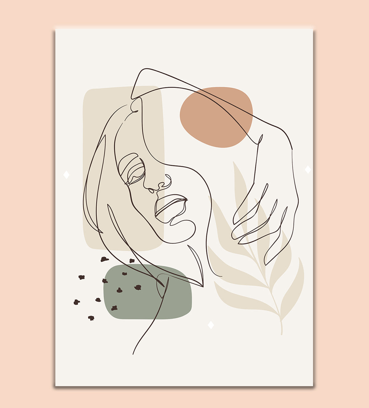Minimalist line art of a woman’s face with abstract earthy shapes, in a calming and introspective pose, displayed in a framed artwork against a softly lit background.