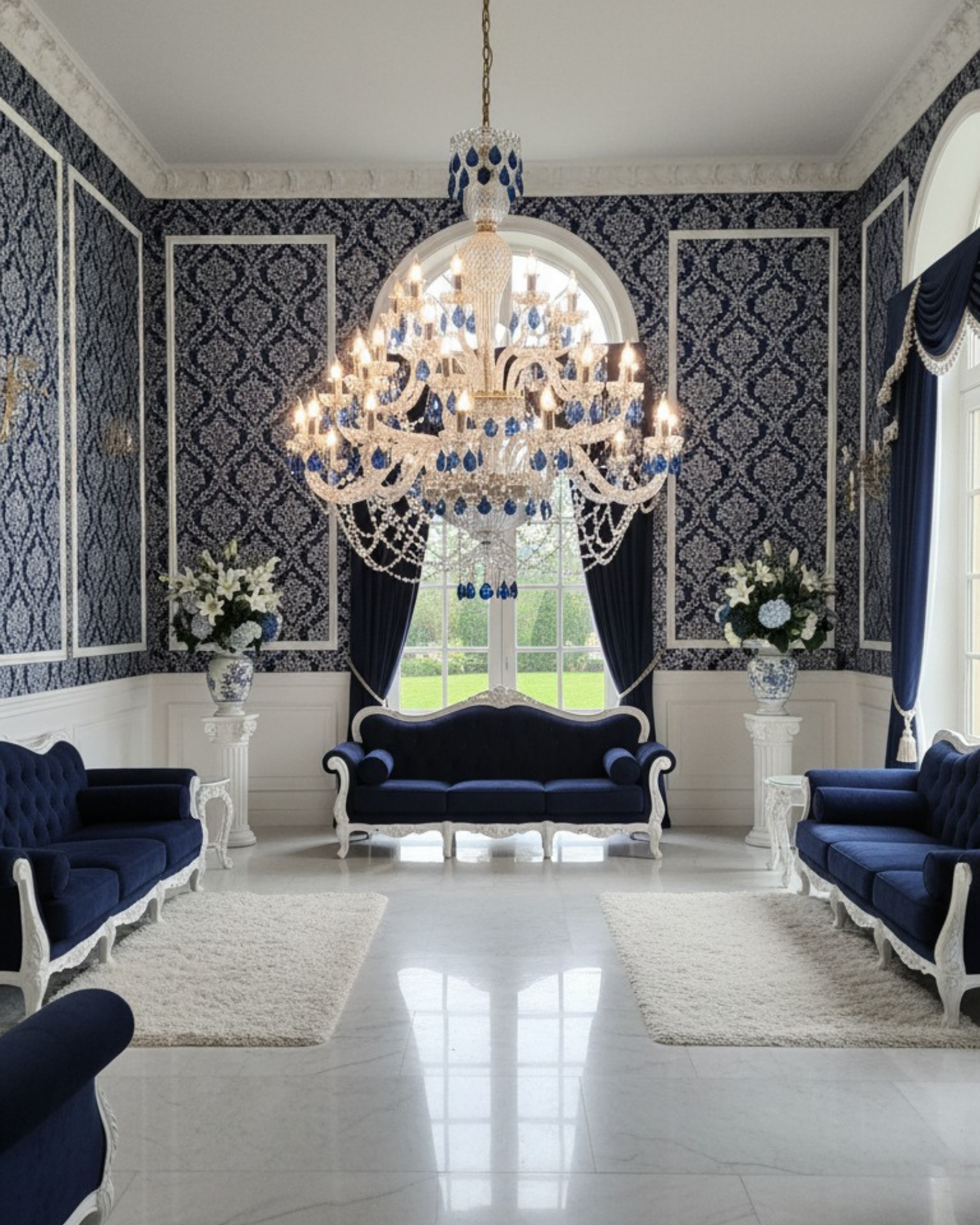 Celeste Royale Sapphire Crystal Chandelier installed in a grand living room with blue and white luxury décor, large windows, and regal furnishings.