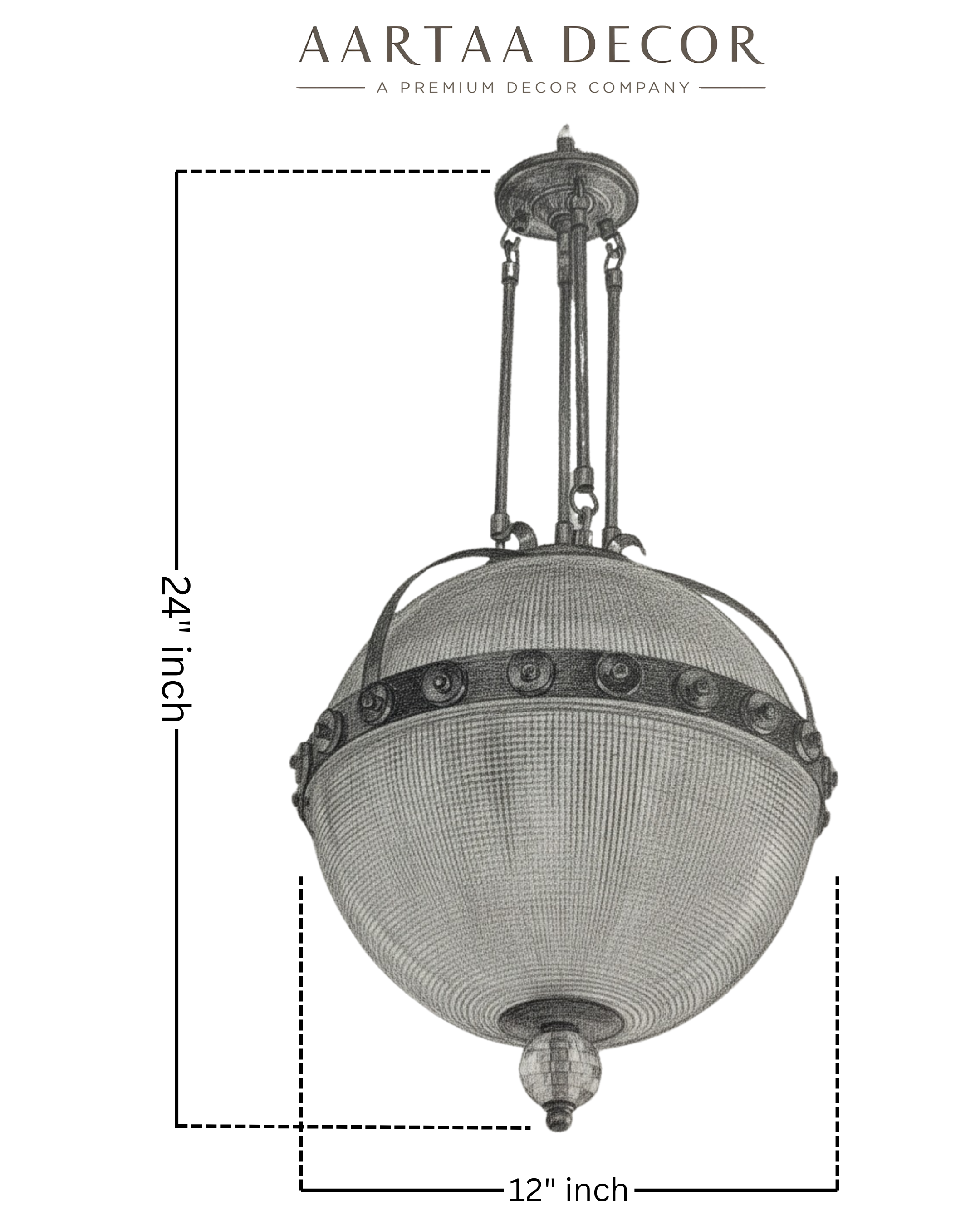 Hand-drawn sketch of the Celeste Globe Pendant Light with labeled dimensions, 24-inch height and 12-inch width, showcasing detailed design structure.