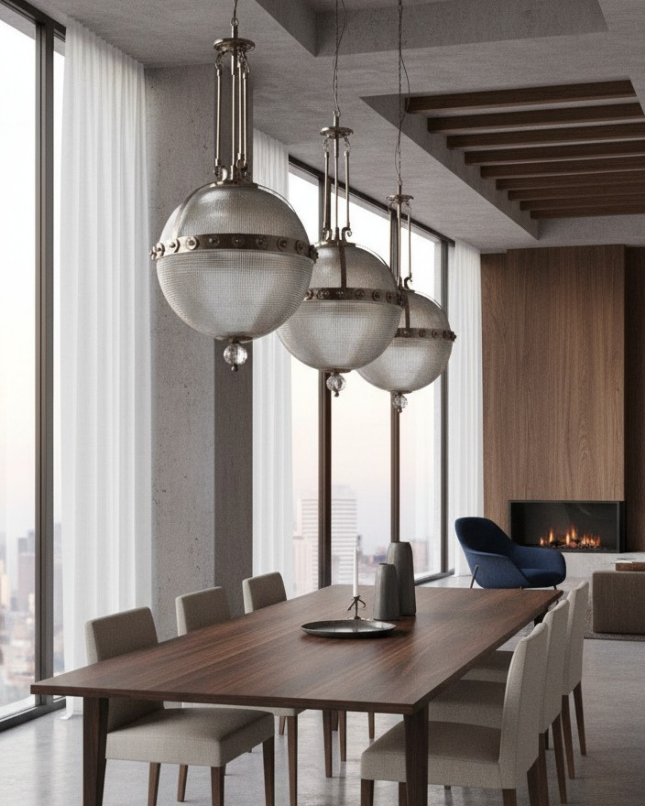 Cluster of three Celeste Globe Pendant Lights suspended in a modern interior, offering layered illumination and elegant decorative impact.