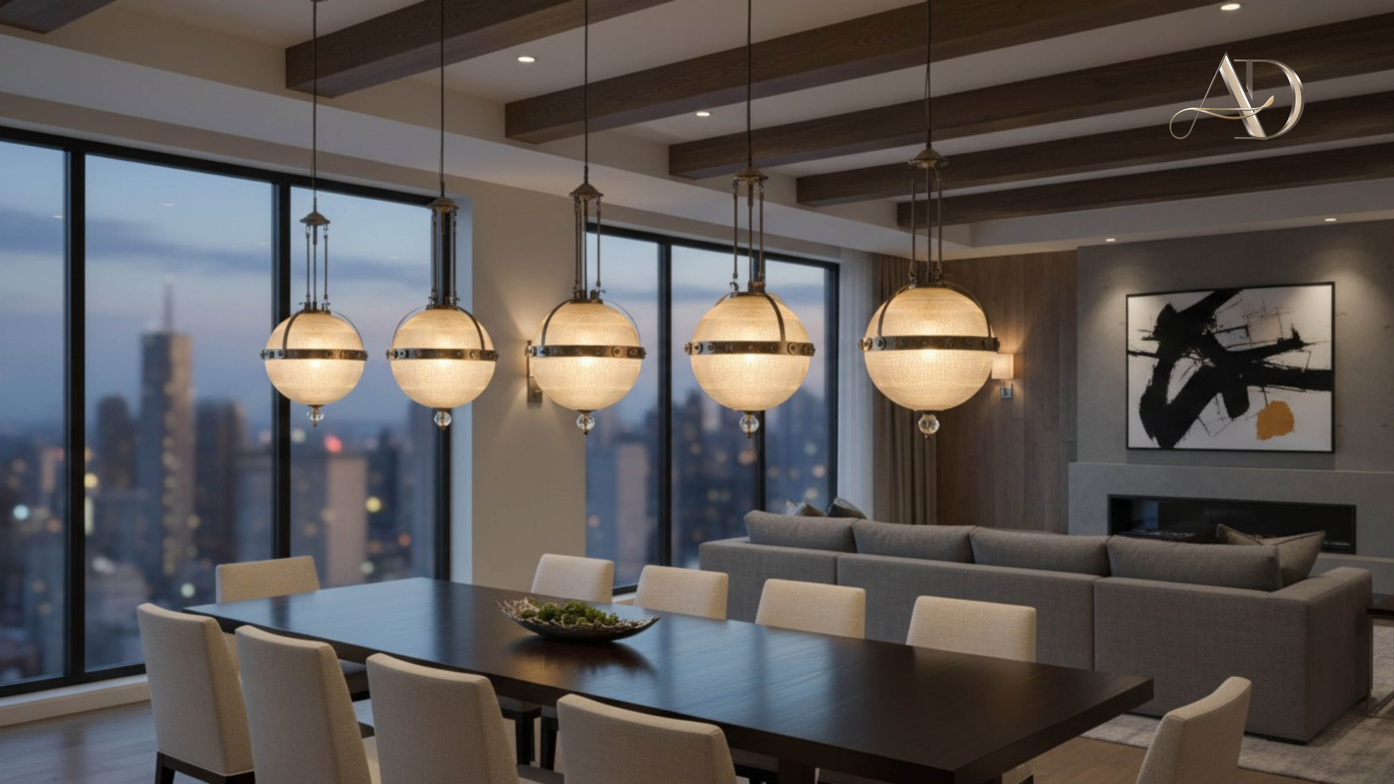 Arrangement of five Celeste Globe Pendant Lights hanging in a linear pattern, designed to illuminate large dining or living spaces with modern sophistication.