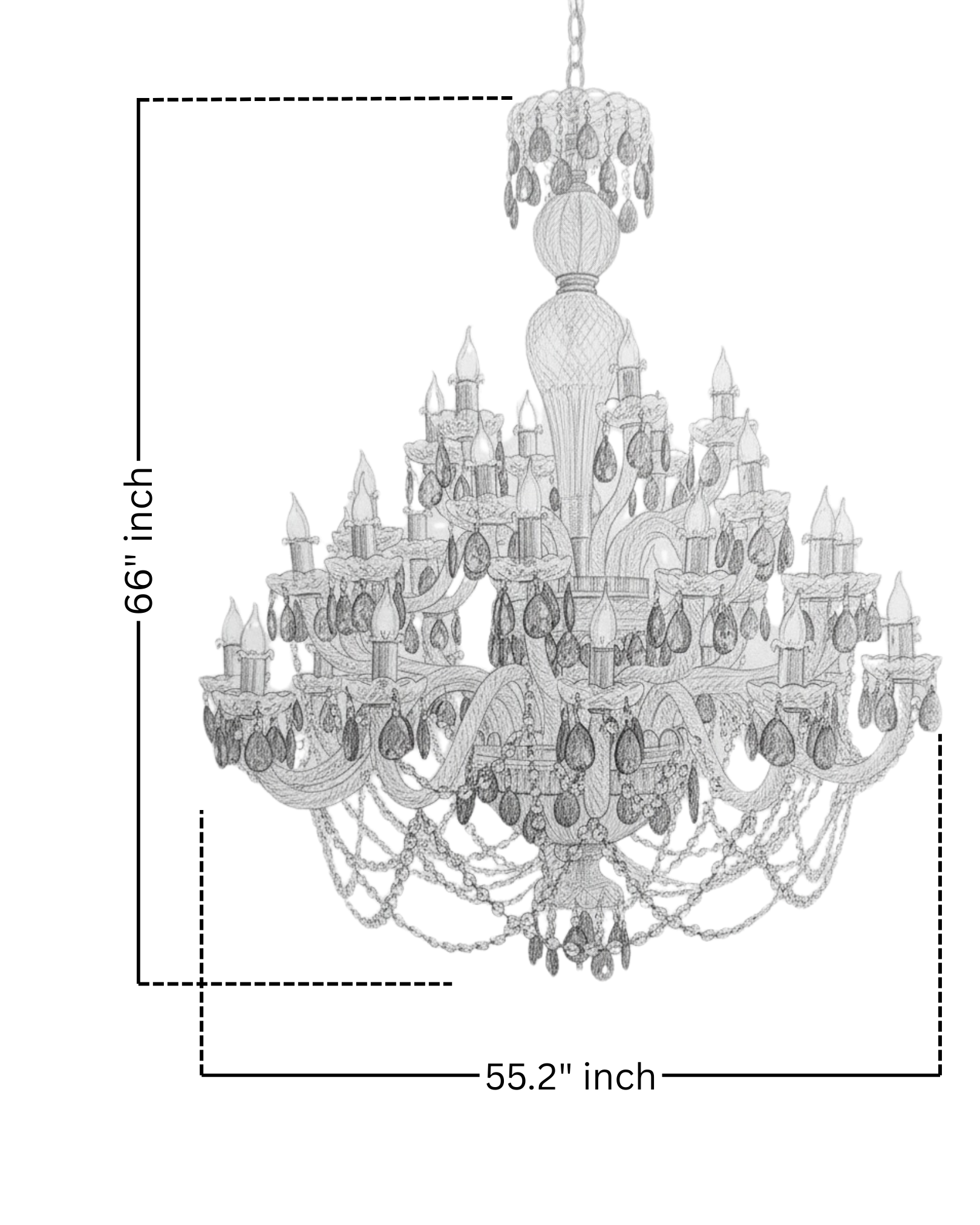 Technical drawing of the Celeste Royale Sapphire Crystal Chandelier with dimensions 66 inches height and 55.2 inches width, detailed crystal and sapphire design illustration.