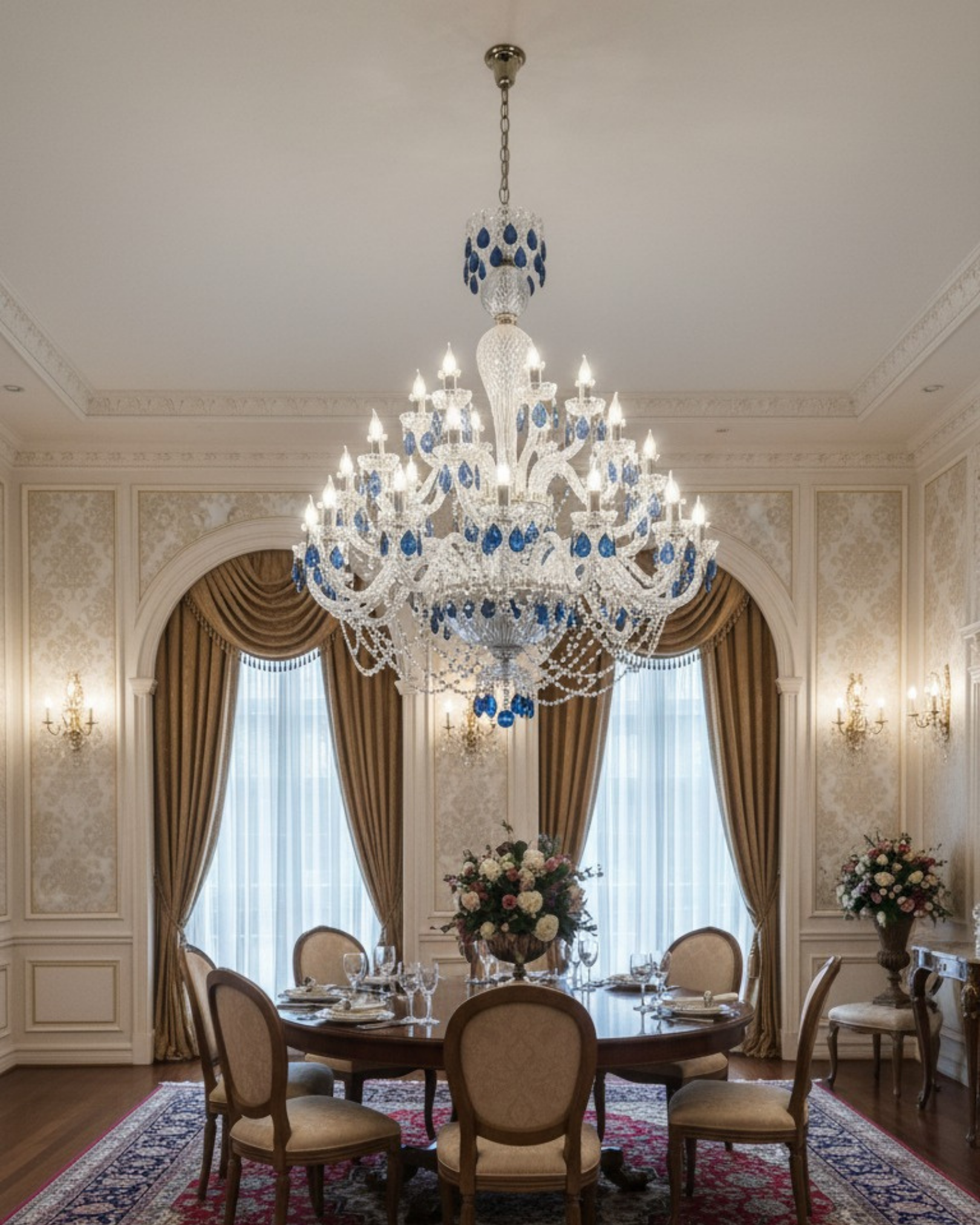 Celeste Royale Sapphire Crystal Chandelier hanging above an elegant dining table in a classic luxury interior with golden drapes and floral centerpiece.