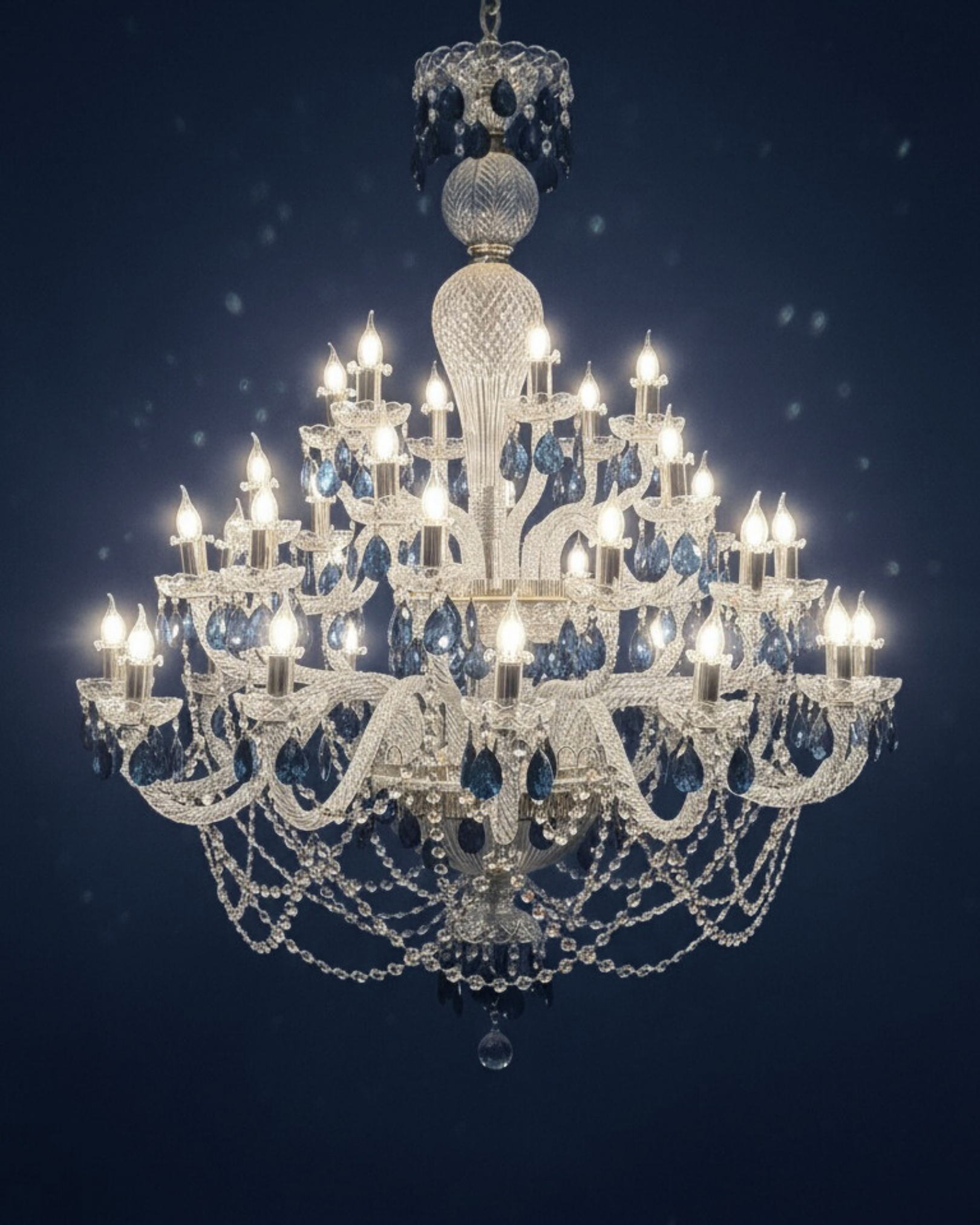 Celeste Royale Sapphire Crystal Chandelier with 36 lights and sapphire blue crystal accents, luxury studio shot on deep blue background.