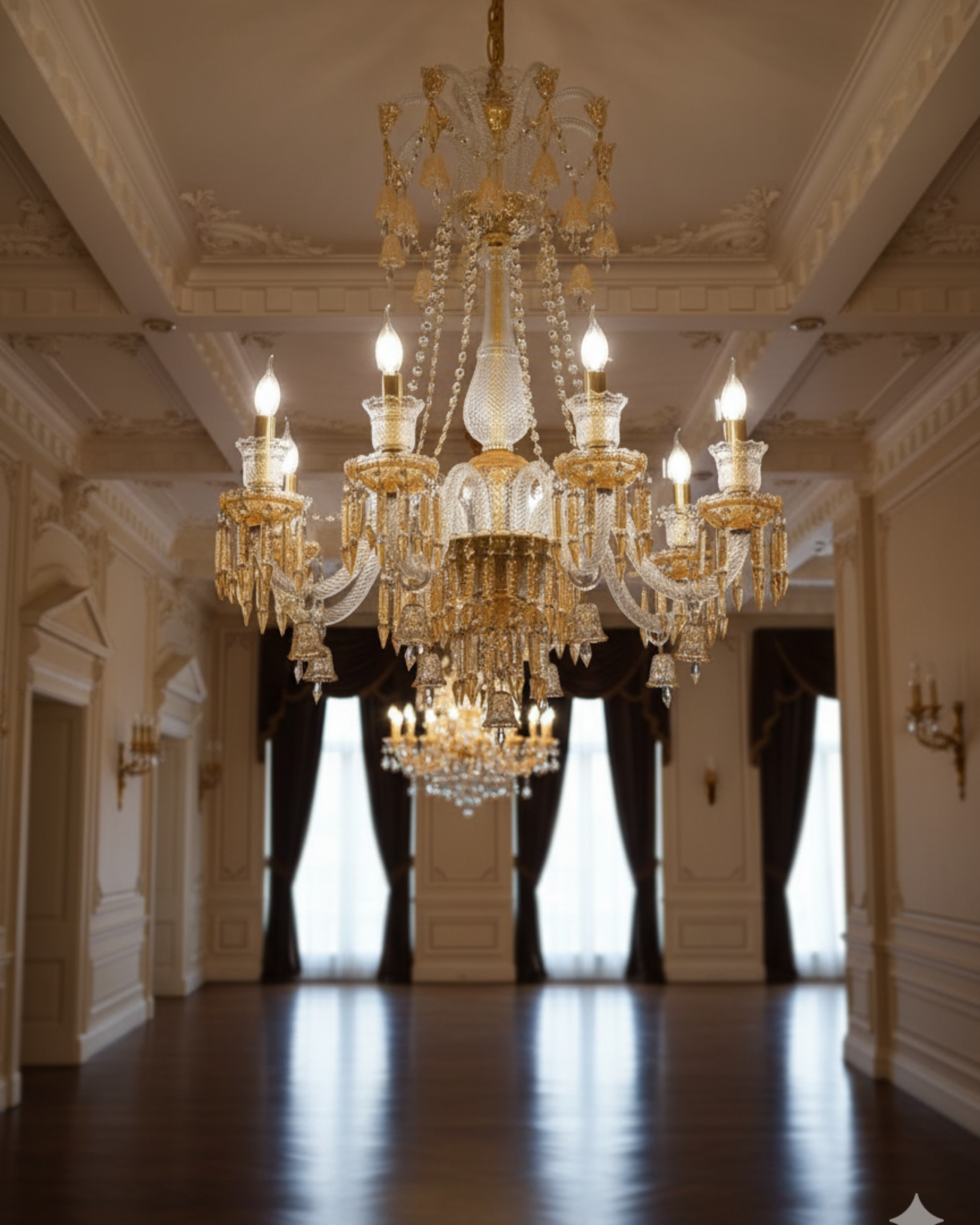 Grand chandelier hanging in a luxurious room with high ceilings and ornate walls.