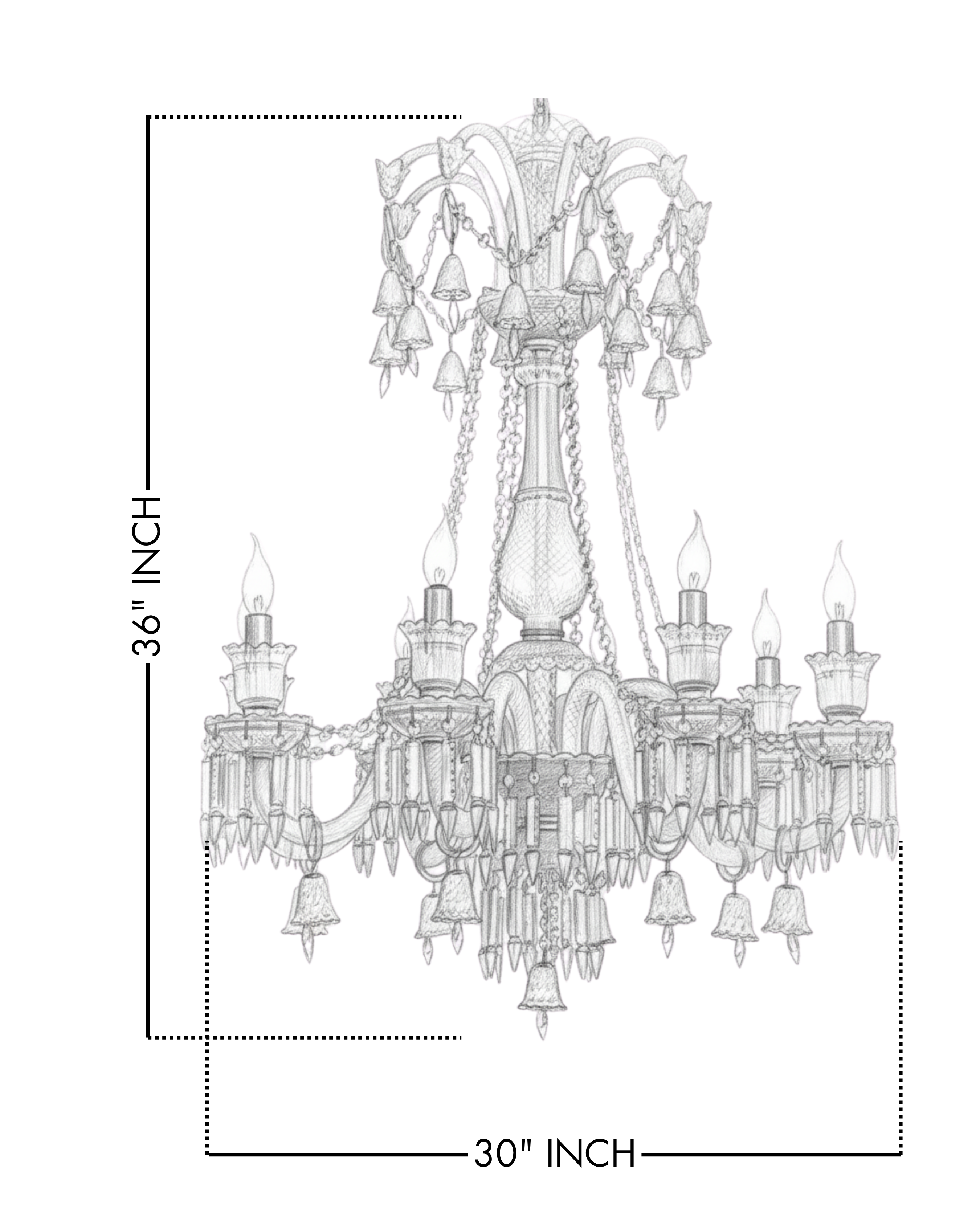 Line drawing of a chandelier with dimensions labeled