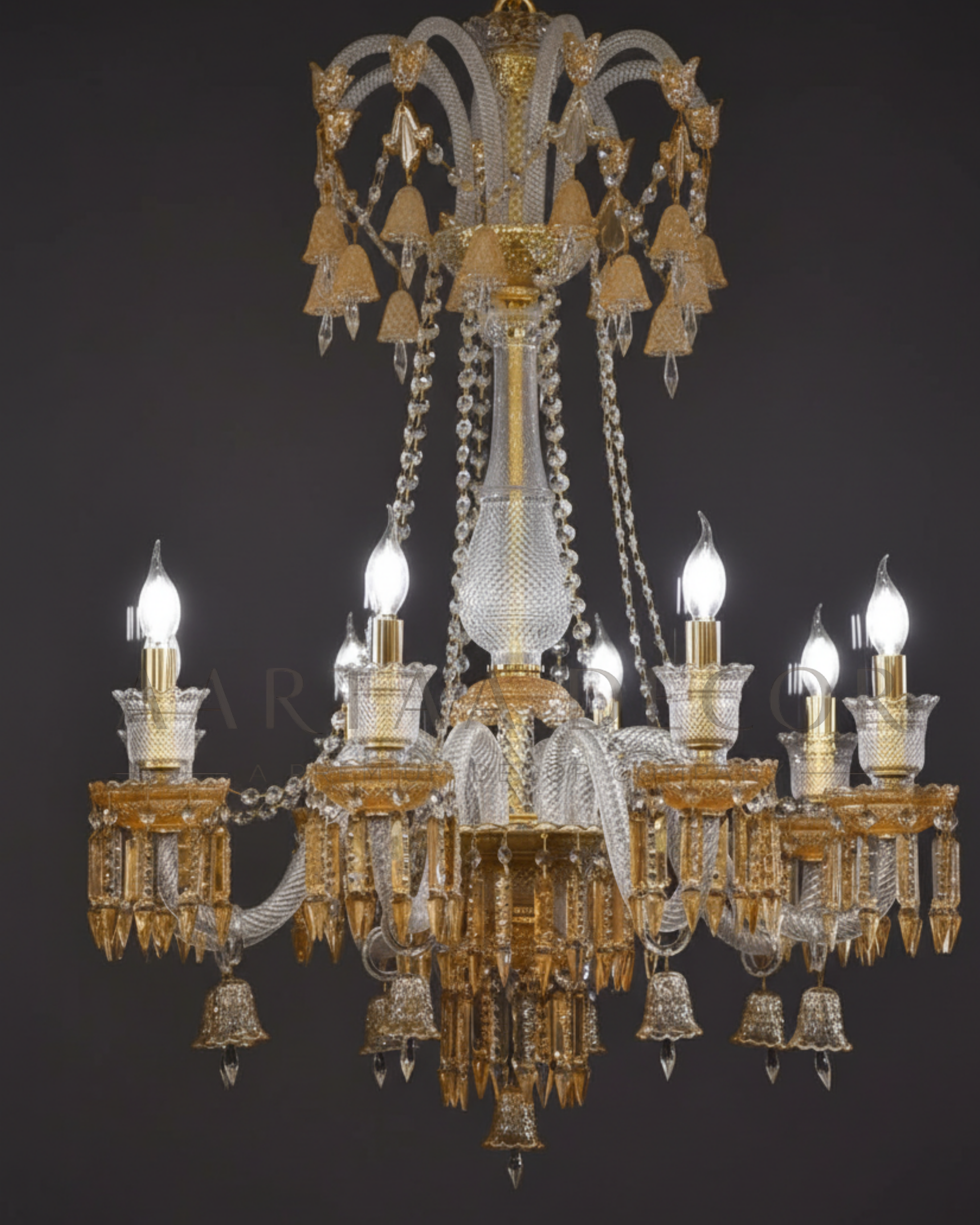 Luxurious crystal chandelier with multiple lights on a dark background